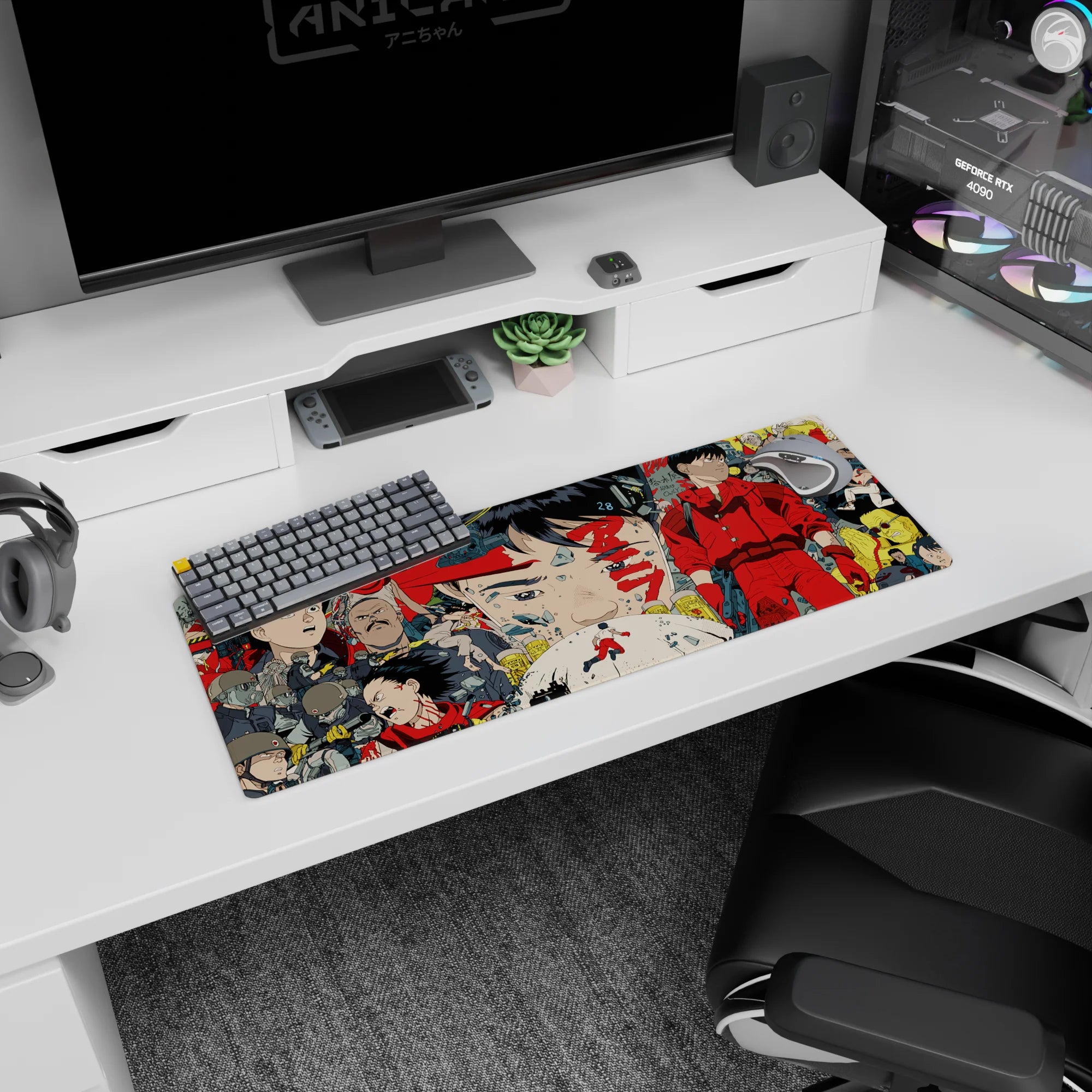 32x12 inches anime mouse pad featuring Kaneda in a red jumpsuit, calm stare amid urban turmoil.
