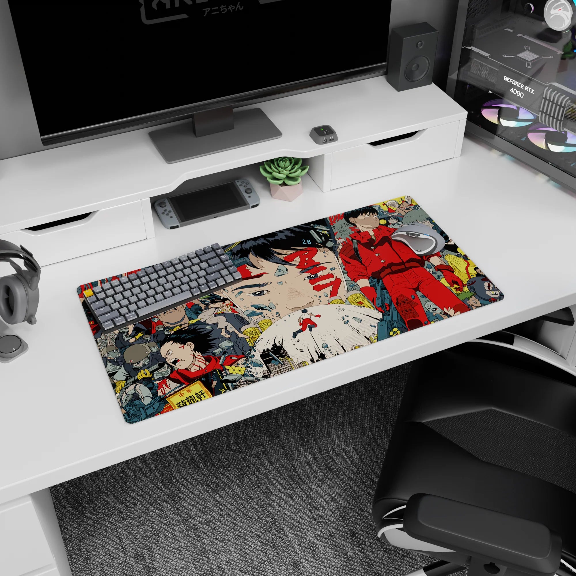 32x16 inches anime mouse pad featuring Kaneda in a red jumpsuit, calm stare amid urban chaos and bikes.