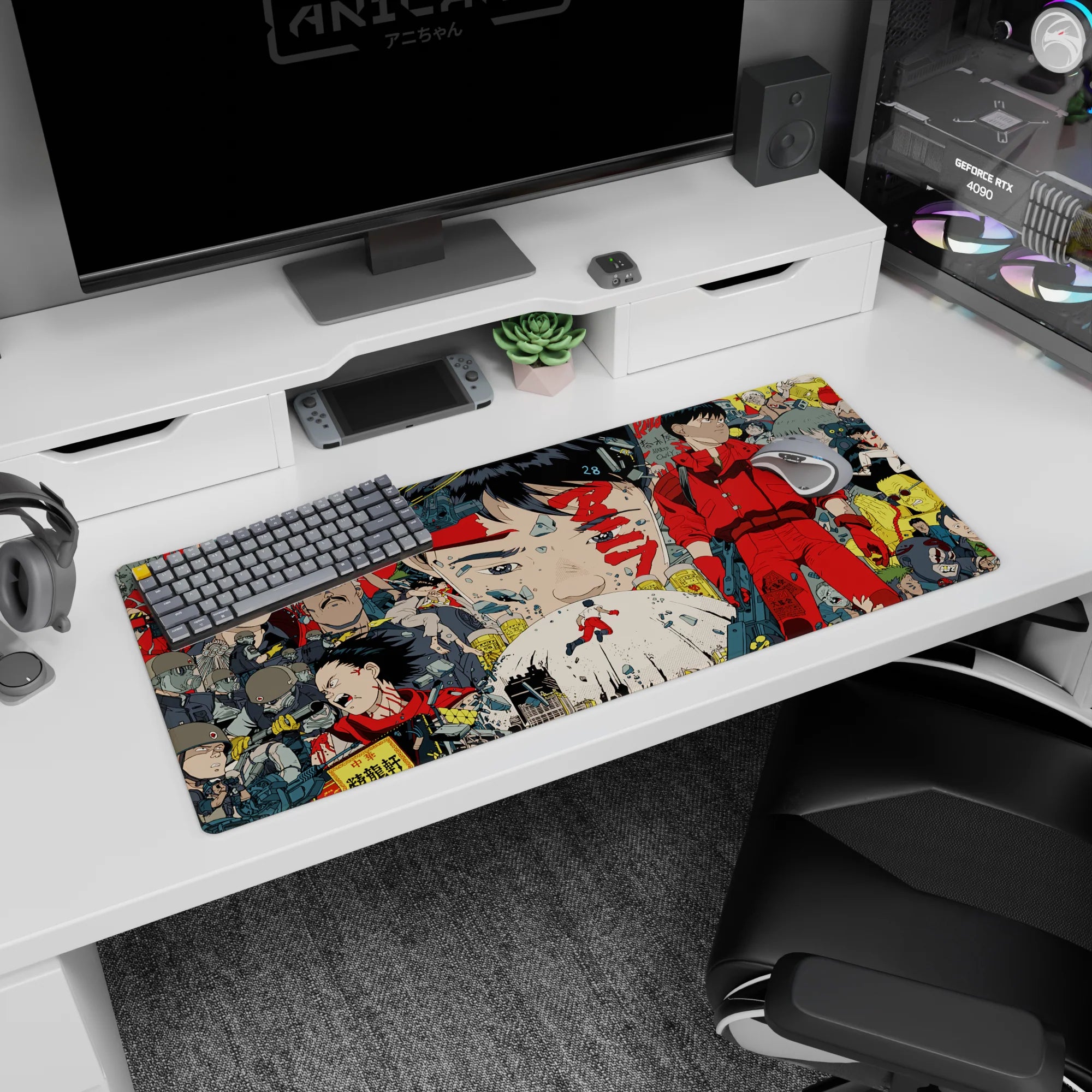 Kaneda in iconic red jumpsuit on Akira desk pad 36x16 inches, calm stare amid street chaos.