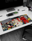 Kaneda in iconic red jumpsuit on Akira desk pad 36x16 inches, calm stare amid street chaos.