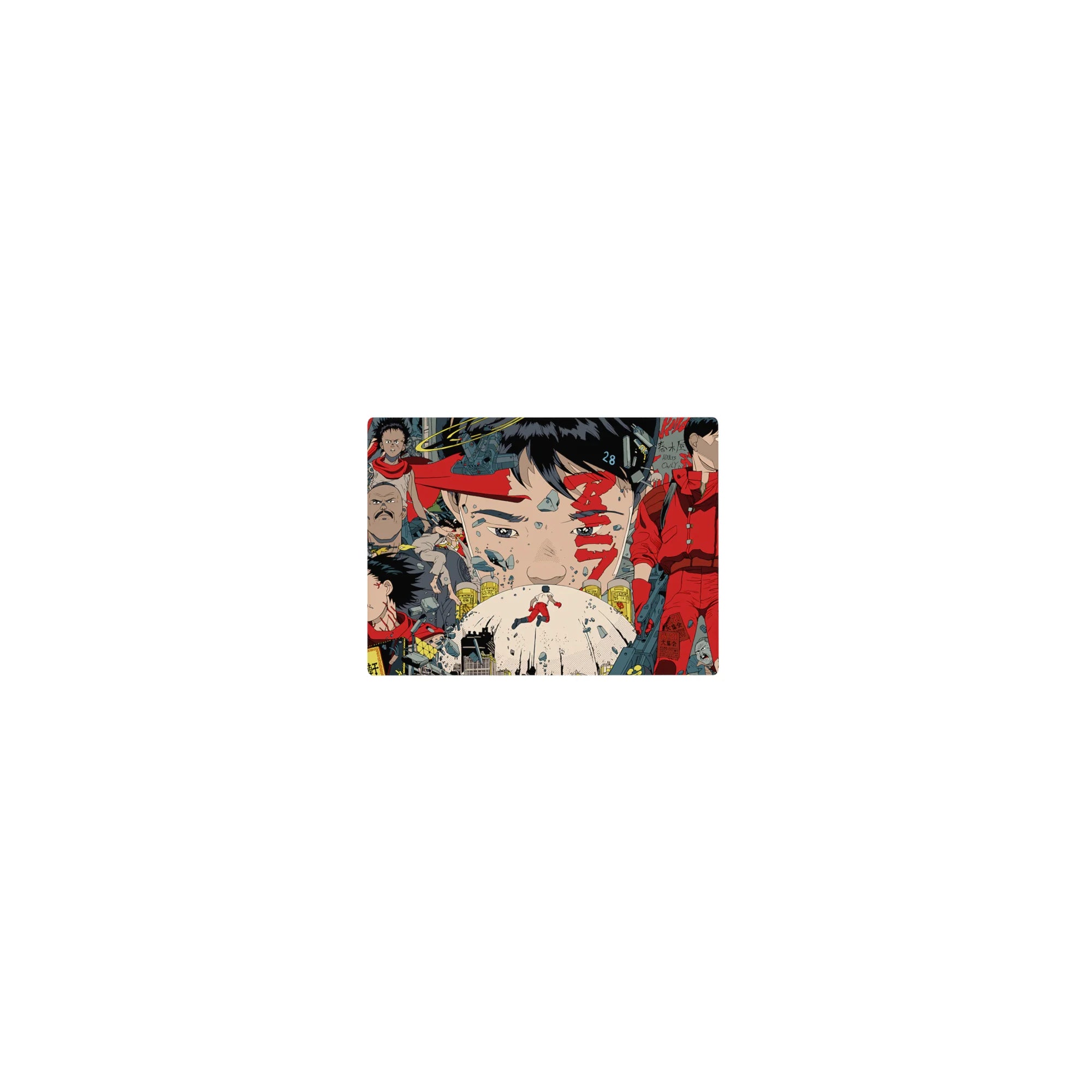 Classic anime Akira collage mouse pad 14x10 inches with Kaneda, bikes, soldiers, and urban chaos panels.