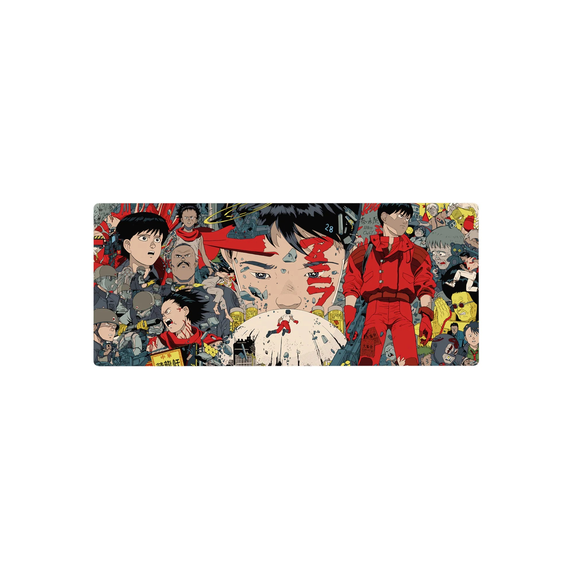 Akira anime mouse pad 28x12 inches with Kaneda collage, bikes, soldiers, and city chaos panels.