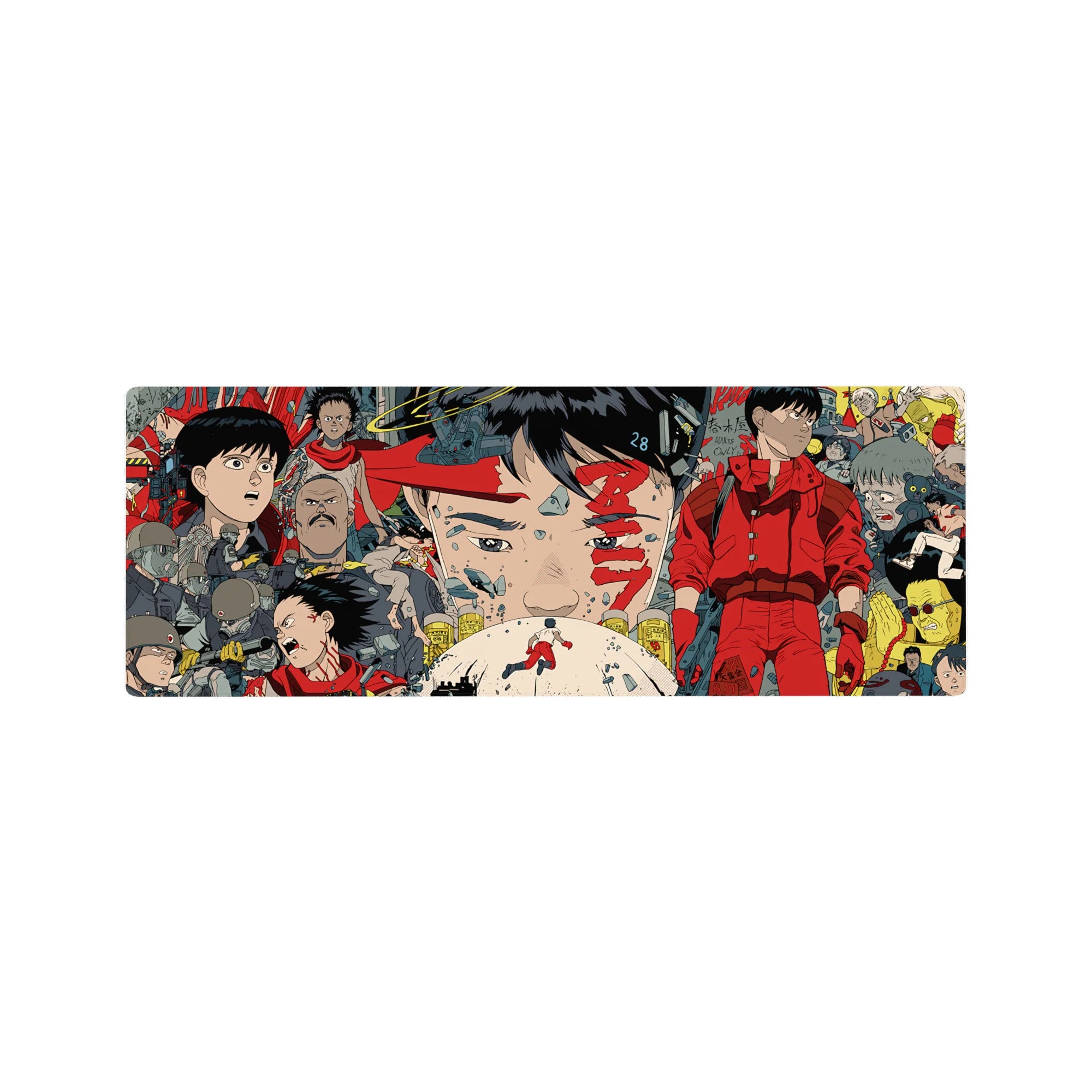 32x12 inches anime mouse pad with Akira-style collage, bikes, soldiers, and panel-packed city chaos.