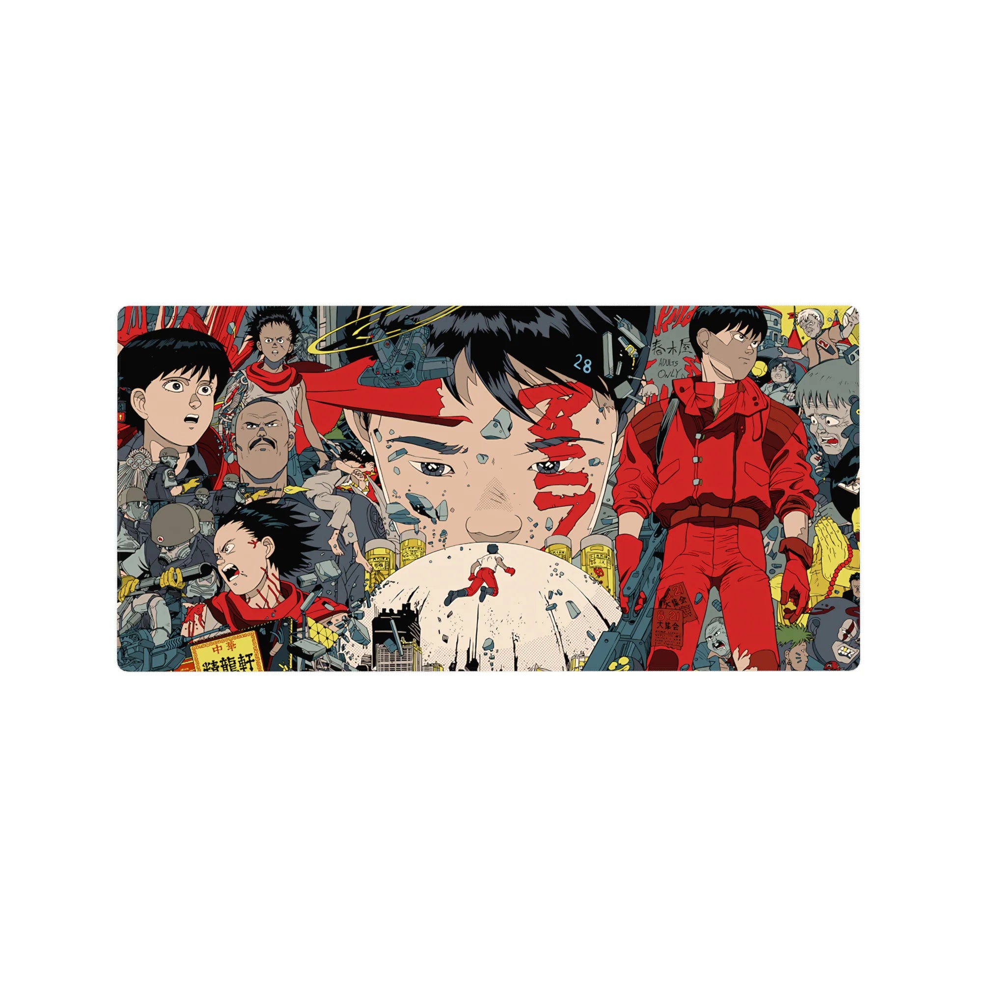 32x16 inches anime mouse pad with Akira-style collage, bikes, soldiers, and gritty city panel artwork.