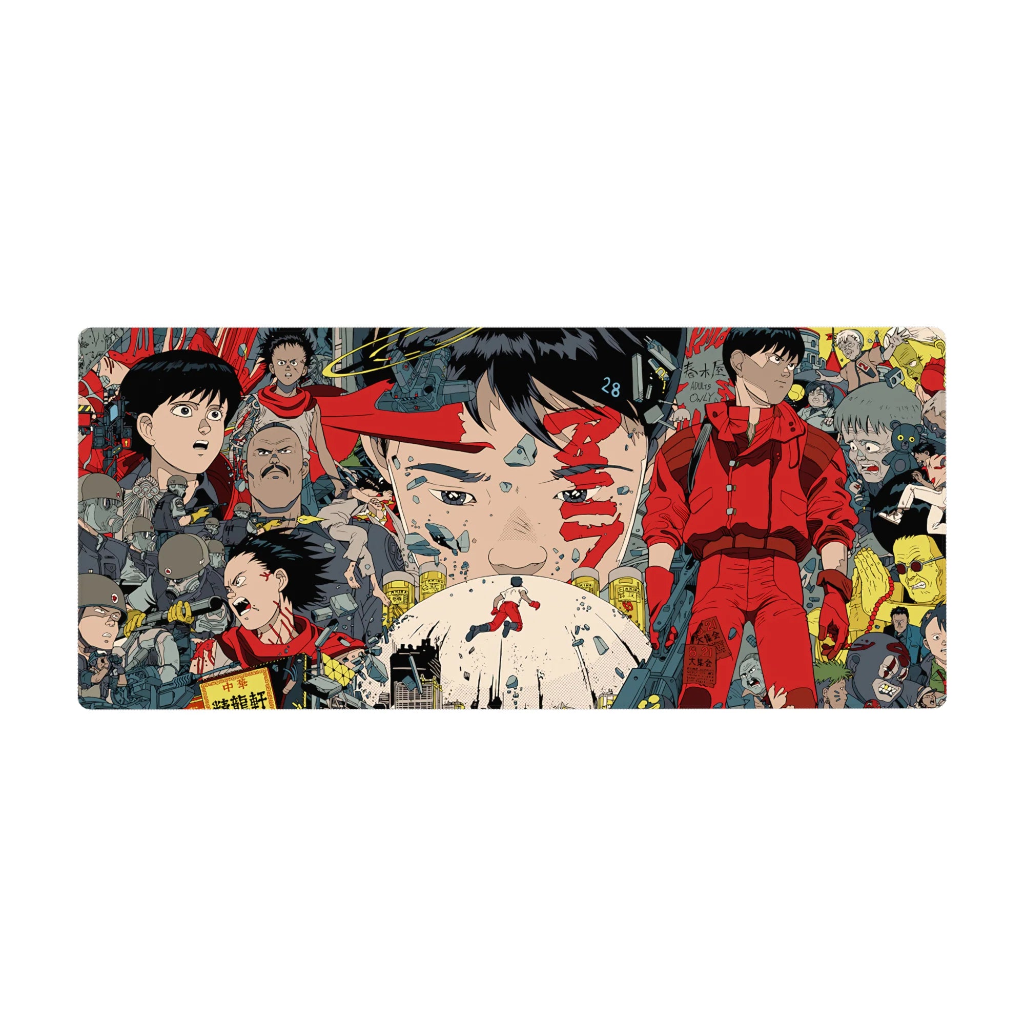 Akira anime collage desk pad 36x16 inches with Kaneda, bikes, soldiers, and panel-style action.