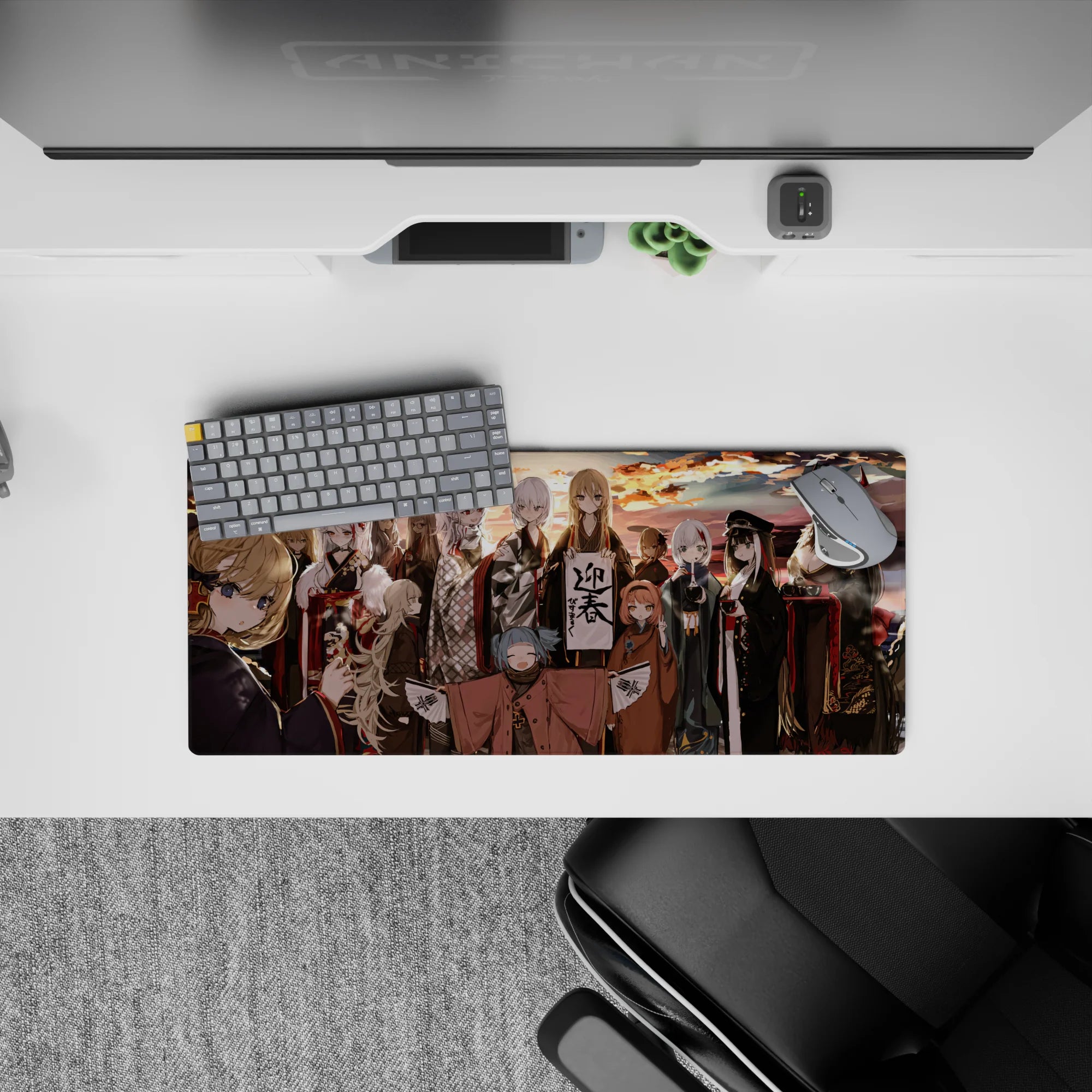 28x12 inches anime girl mouse pad in warm sunset gold and ember with soft whites, grays, and deep reds.