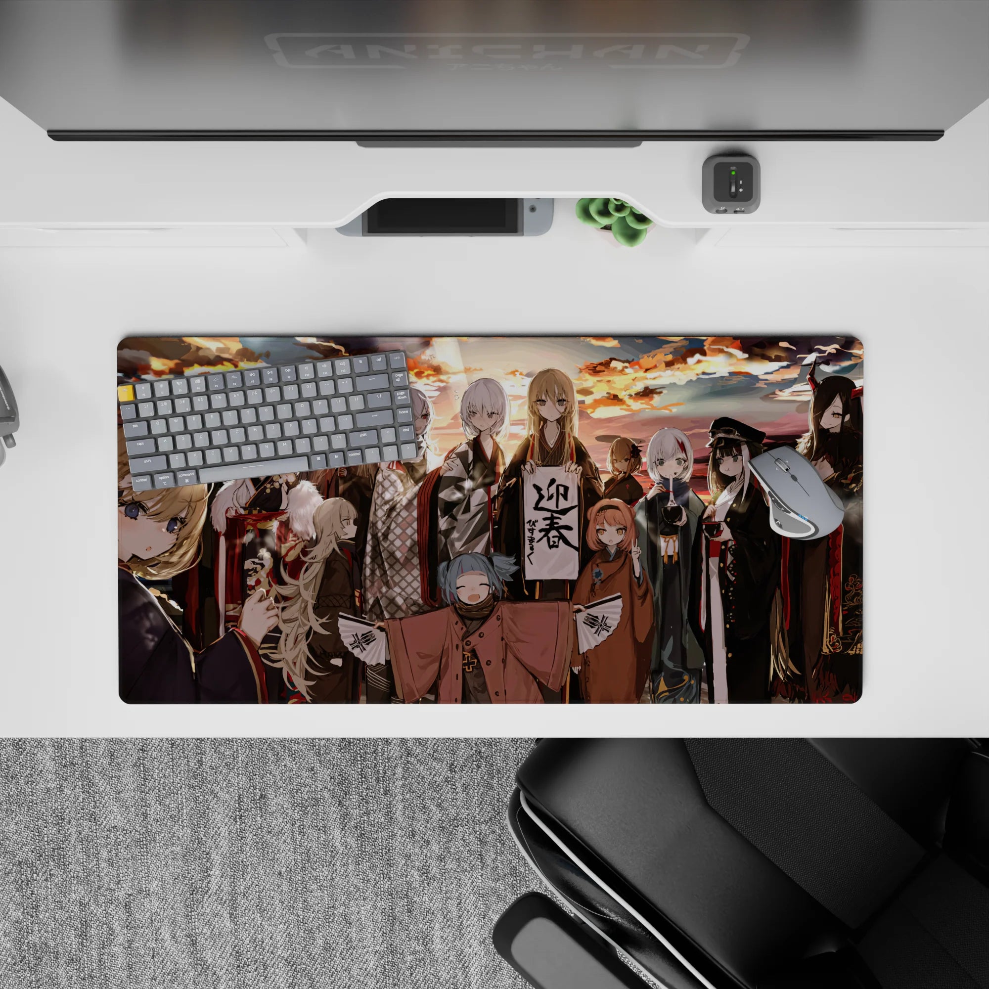 32x16 inches anime girl mouse pad in sunset gold and ember with smoky grays, deep reds, and ink-black accents.