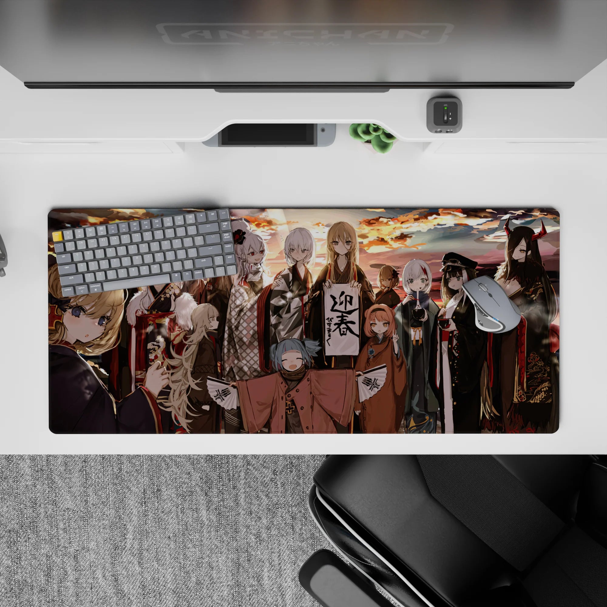 Sunset festival anime girl desk pad 36x16 inches in gold, ember, smoky gray, deep red, and ink-black.