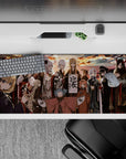 Sunset festival anime girl desk pad 36x16 inches in gold, ember, smoky gray, deep red, and ink-black.