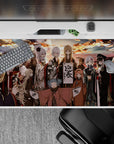 40x20 inches anime desk pad in warm sunset gold, ember reds, smoky grays, and ink-black accents.