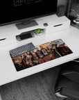 28x12 inches anime girl mouse pad featuring a blue-haired girl with open sleeves at a cozy festival scene.