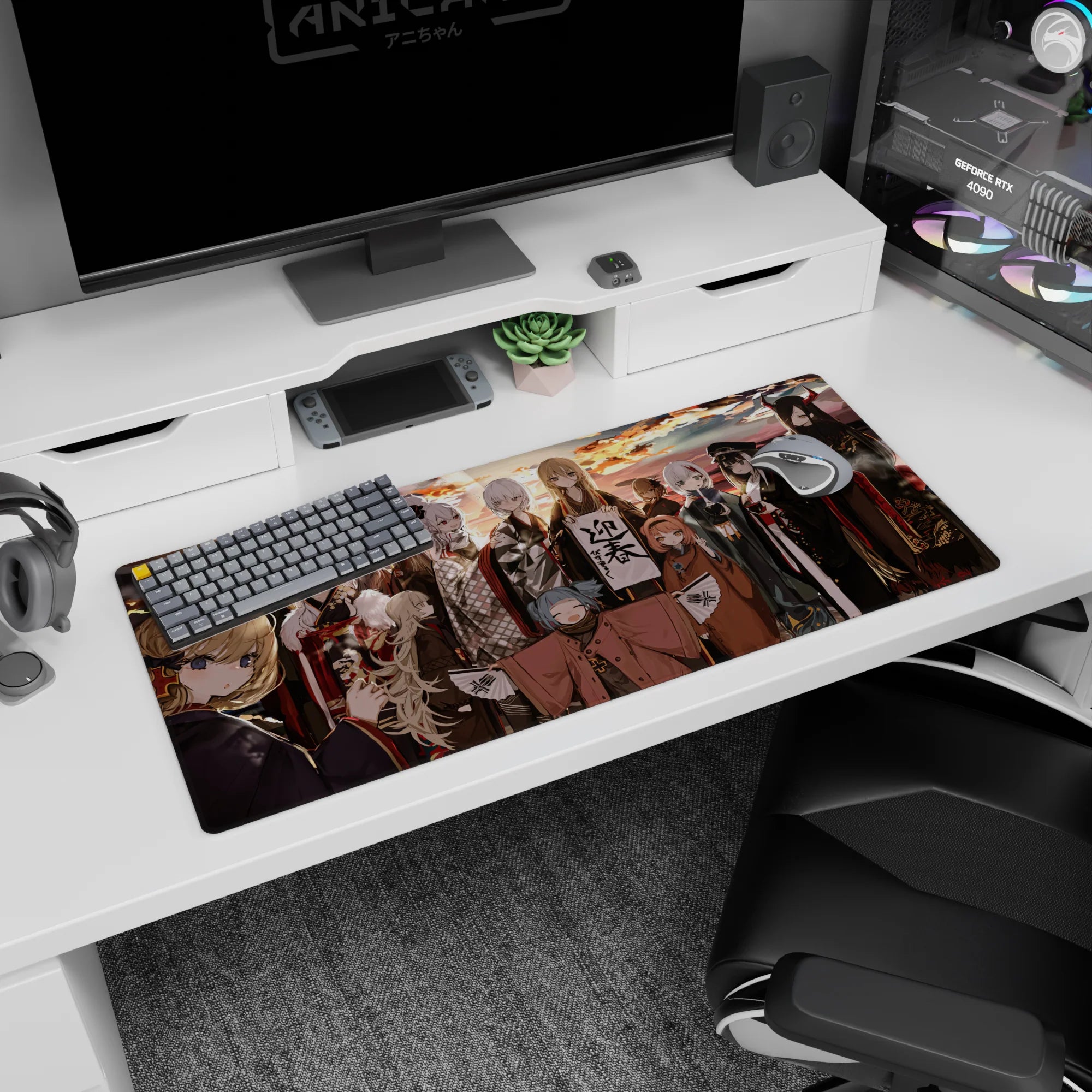 Blue-haired anime girl spreading sleeves beside kimono girls on desk pad 36x16 inches, cozy festival scene.