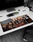 Blue-haired anime girl spreading sleeves beside kimono girls on desk pad 36x16 inches, cozy festival scene.