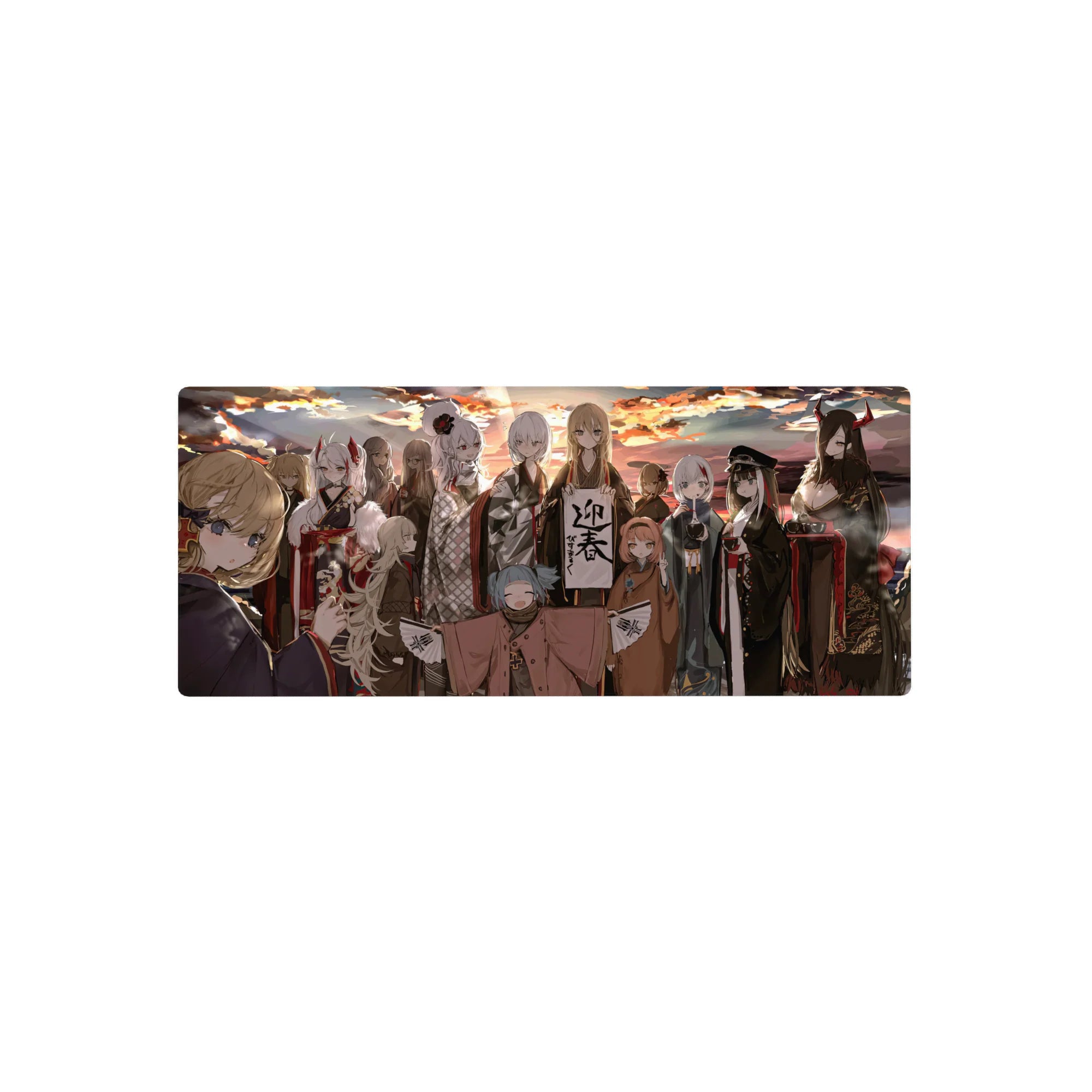 28x12 inches anime girl mouse pad with kimono lineup, fur trims, obi knots, and calligraphy banner.