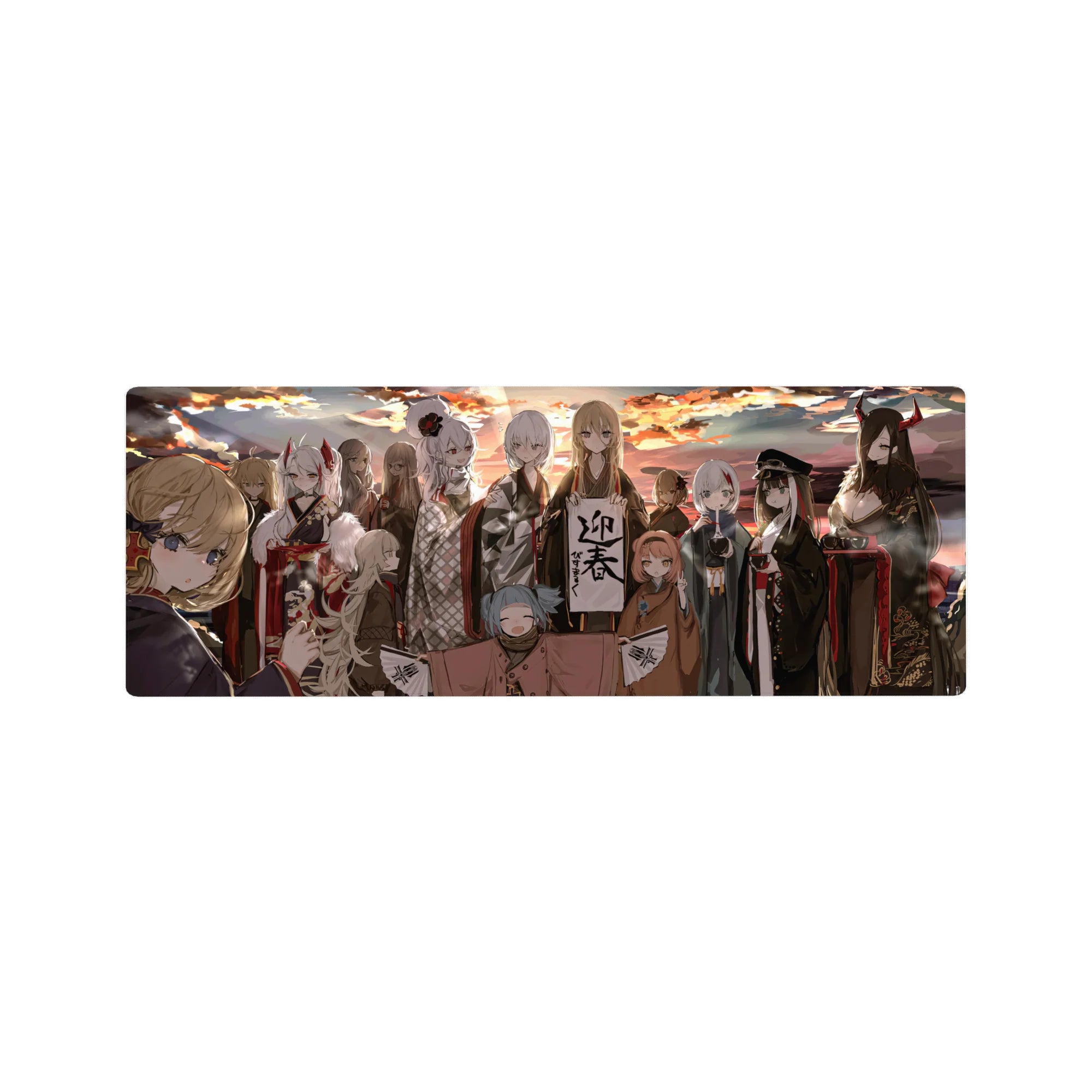 32x12 inches anime girl mouse pad with kimono lineup, fur trims, obi knots, and calligraphy banner festival art.