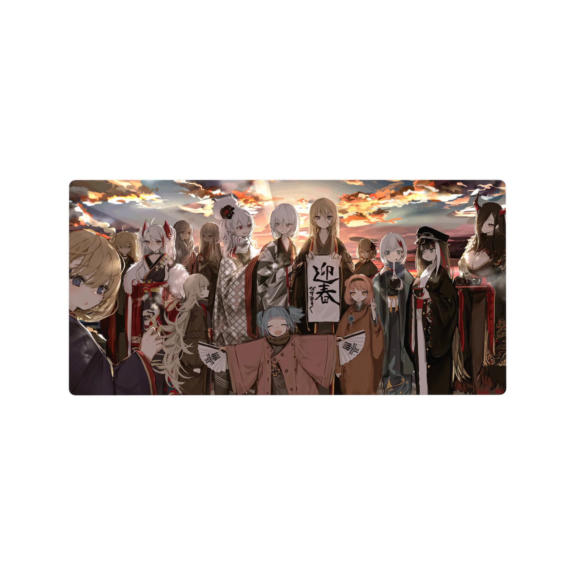 32x16 inches anime girl mouse pad with kimono lineup, fur trims, obi knots, and a calligraphy banner.