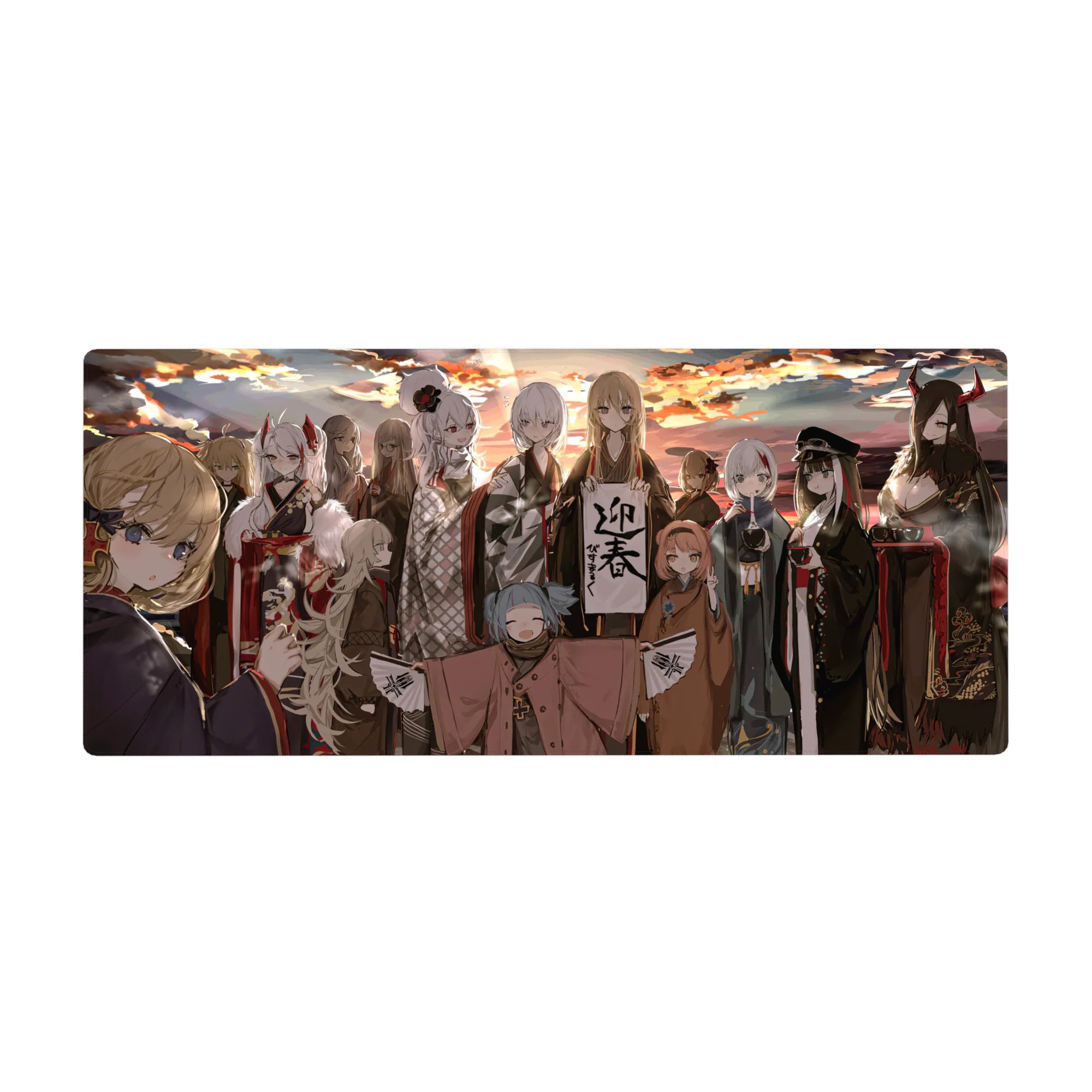 Anime girl desk pad 36x16 inches with elegant kimono lineup, fur trims, obi knots, and calligraphy banner.