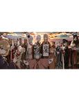 Anime girl desk pad 36x16 inches with elegant kimono lineup, fur trims, obi knots, and calligraphy banner.