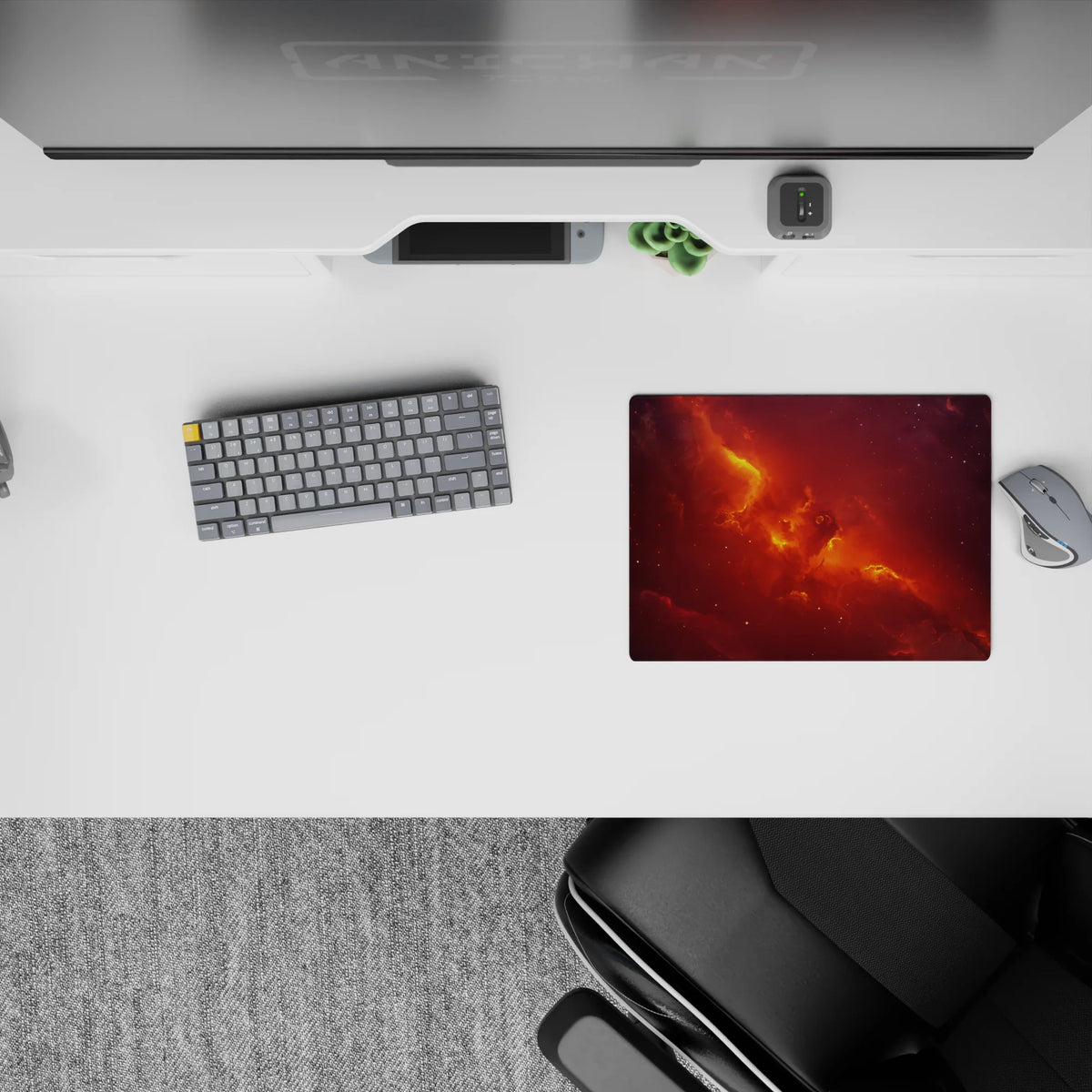 Warm wine red and ember orange cosmic mouse pad, classic 14x10 inches, calming smoky glow.