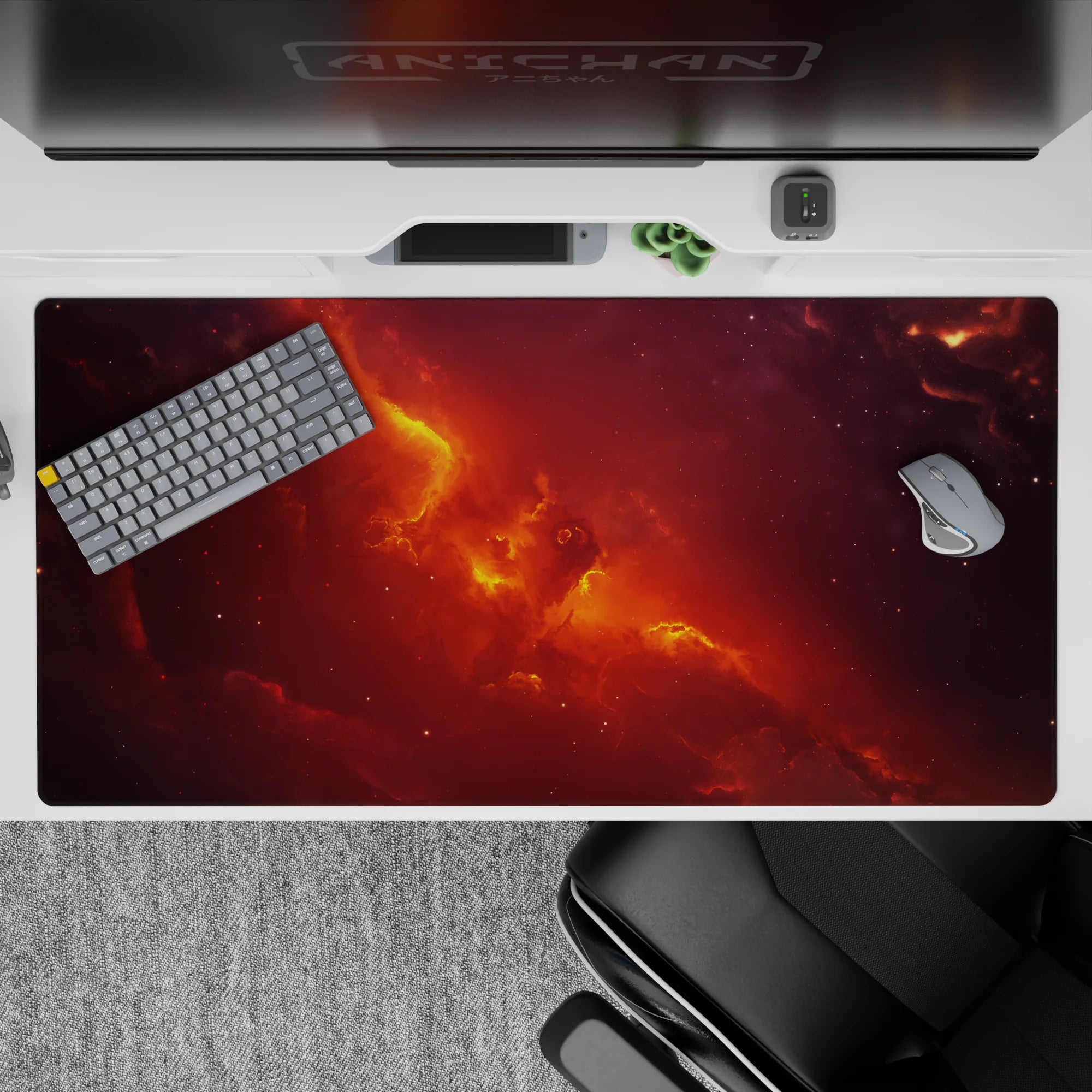 Warm smoky wine red and ember orange desk pad, 40x20 inches, calming late-night cosmic glow.