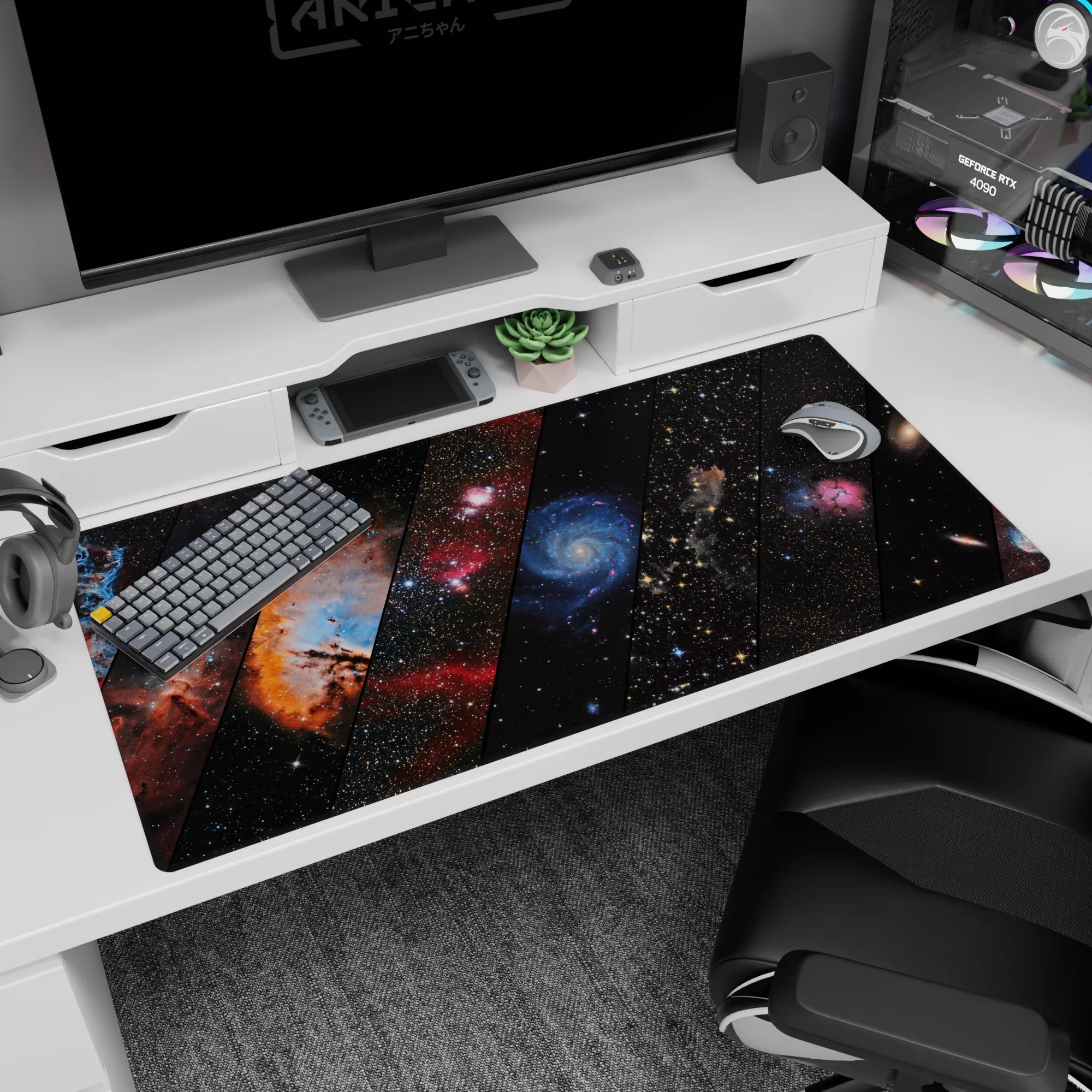 Sliced night-sky galaxy scene desk pad, 40x20 inches, with tiny stars and swirling nebula clouds.