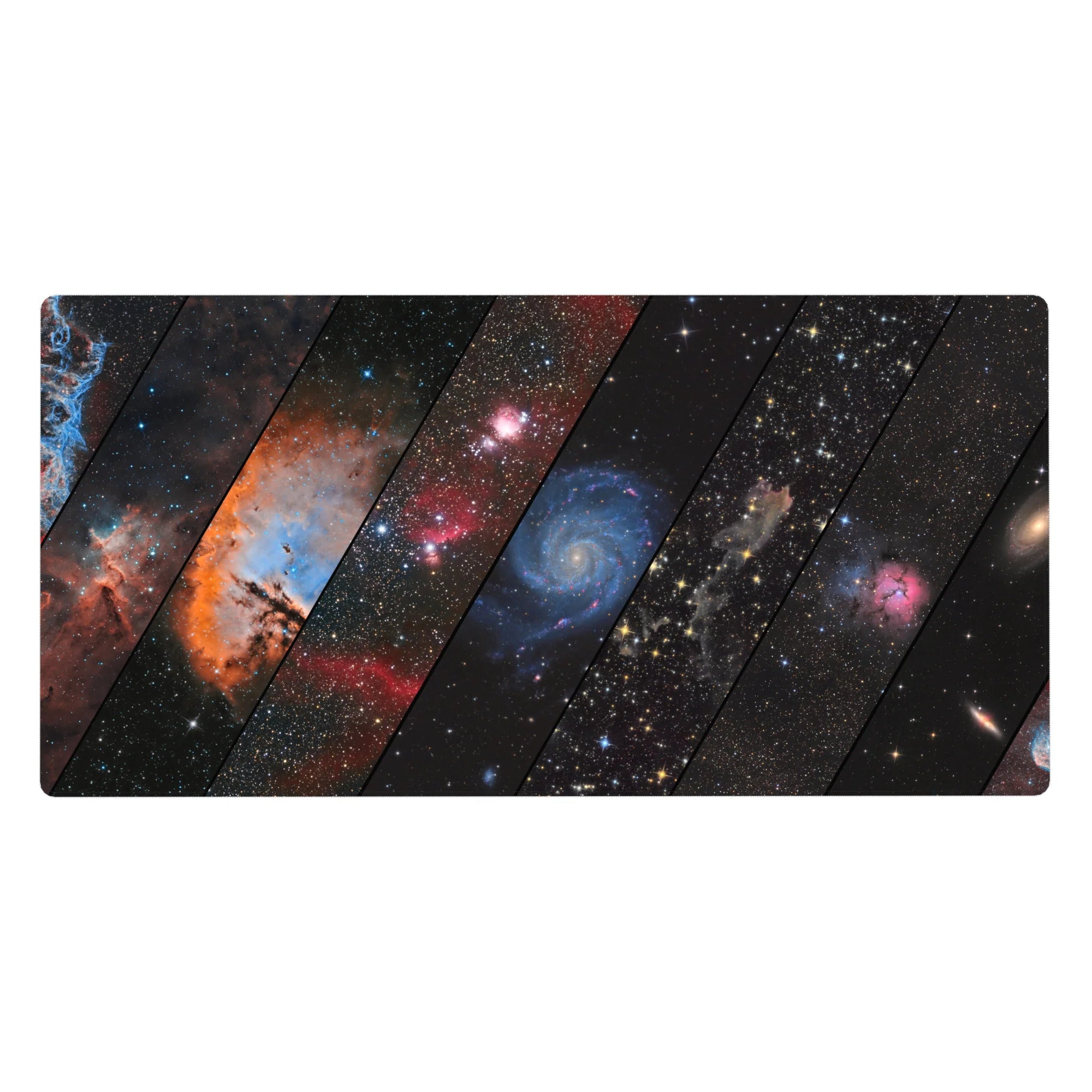 Diagonal-panel galaxy desk pad, 40x20 inches, with starry space and cosmic watercolor swirls.