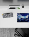 Cozy night-blue anime mouse pad 14x10 inches with soft city lights, dreamy gradients, late-night vibe.