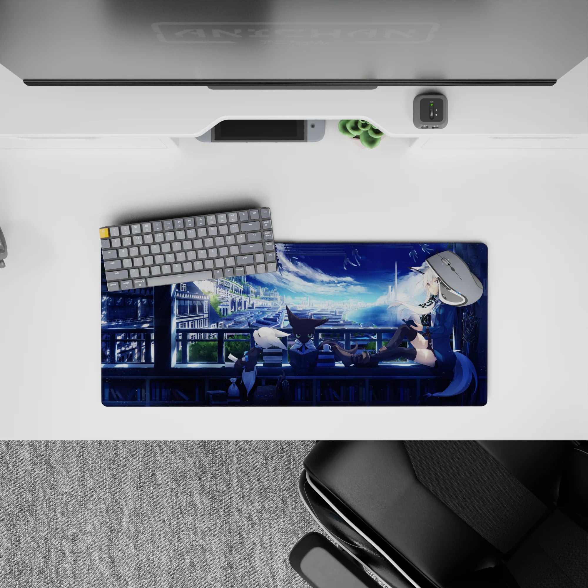 28x12 inches anime girl mouse pad in dreamy night blues with neon sky, soft city lights, cozy late-night vibe.