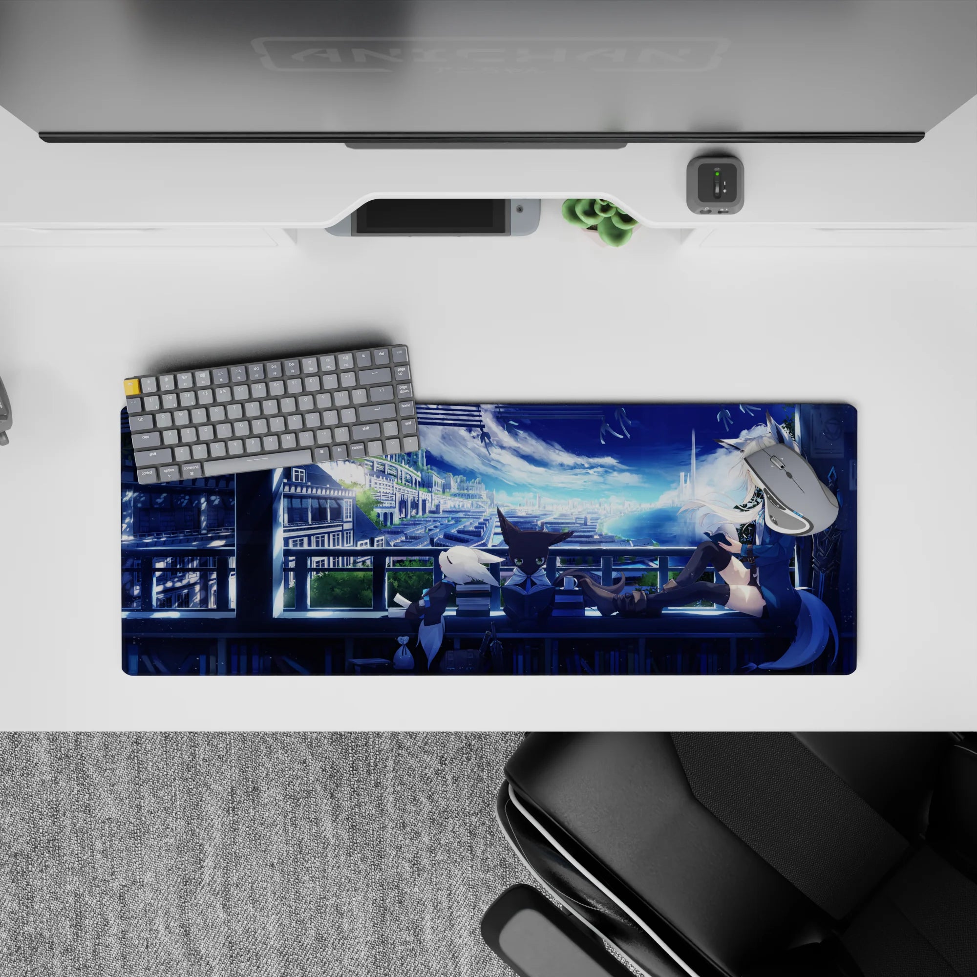 32x12 inches anime mouse pad in dreamy night blues, soft city lights, cozy late-night futuristic vibe.