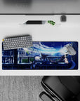 32x12 inches anime mouse pad in dreamy night blues, soft city lights, cozy late-night futuristic vibe.
