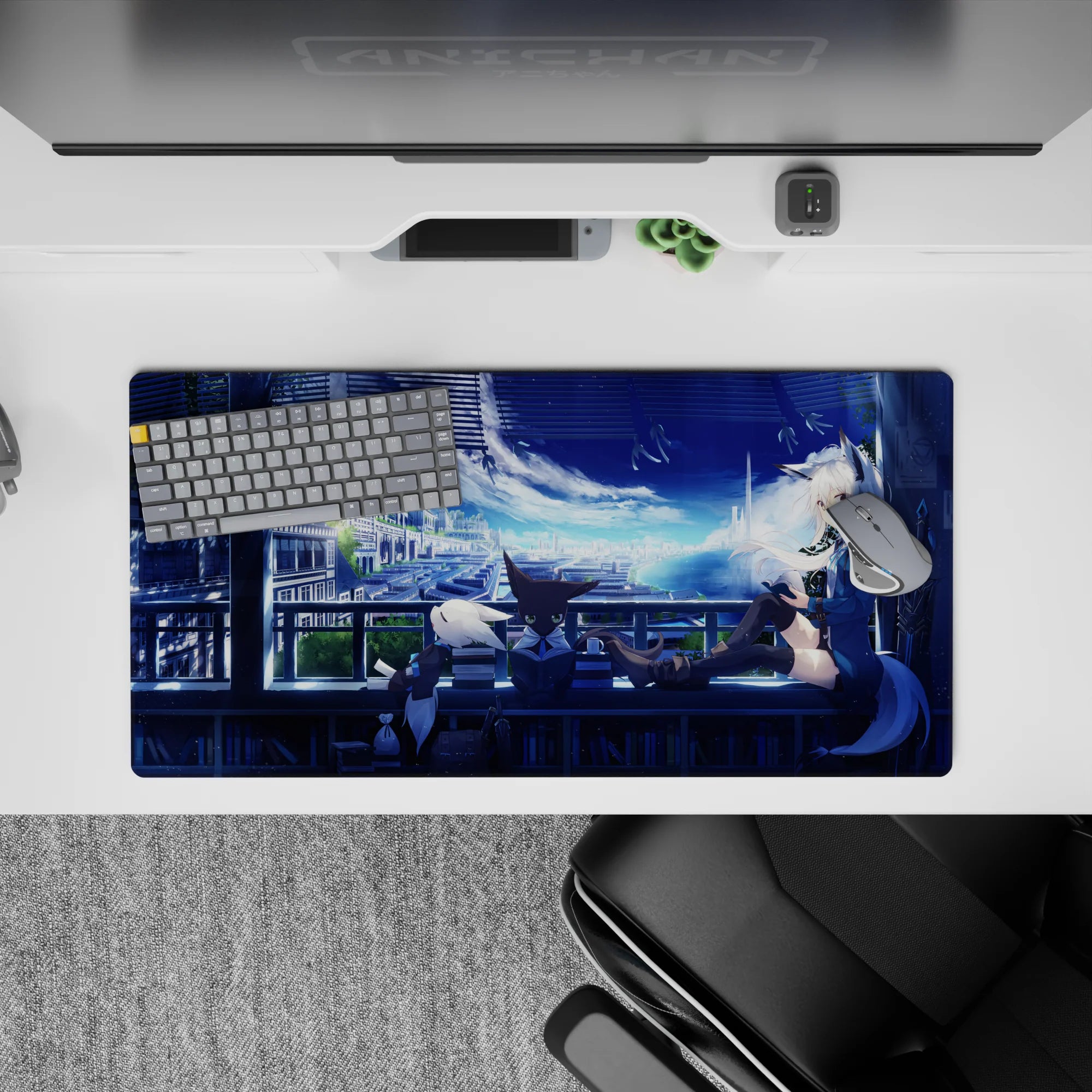Anime girl mouse pad 32x16 inches in dreamy night blues with neon sky, soft city lights, cozy vibe.