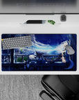 Anime girl mouse pad 32x16 inches in dreamy night blues with neon sky, soft city lights, cozy vibe.