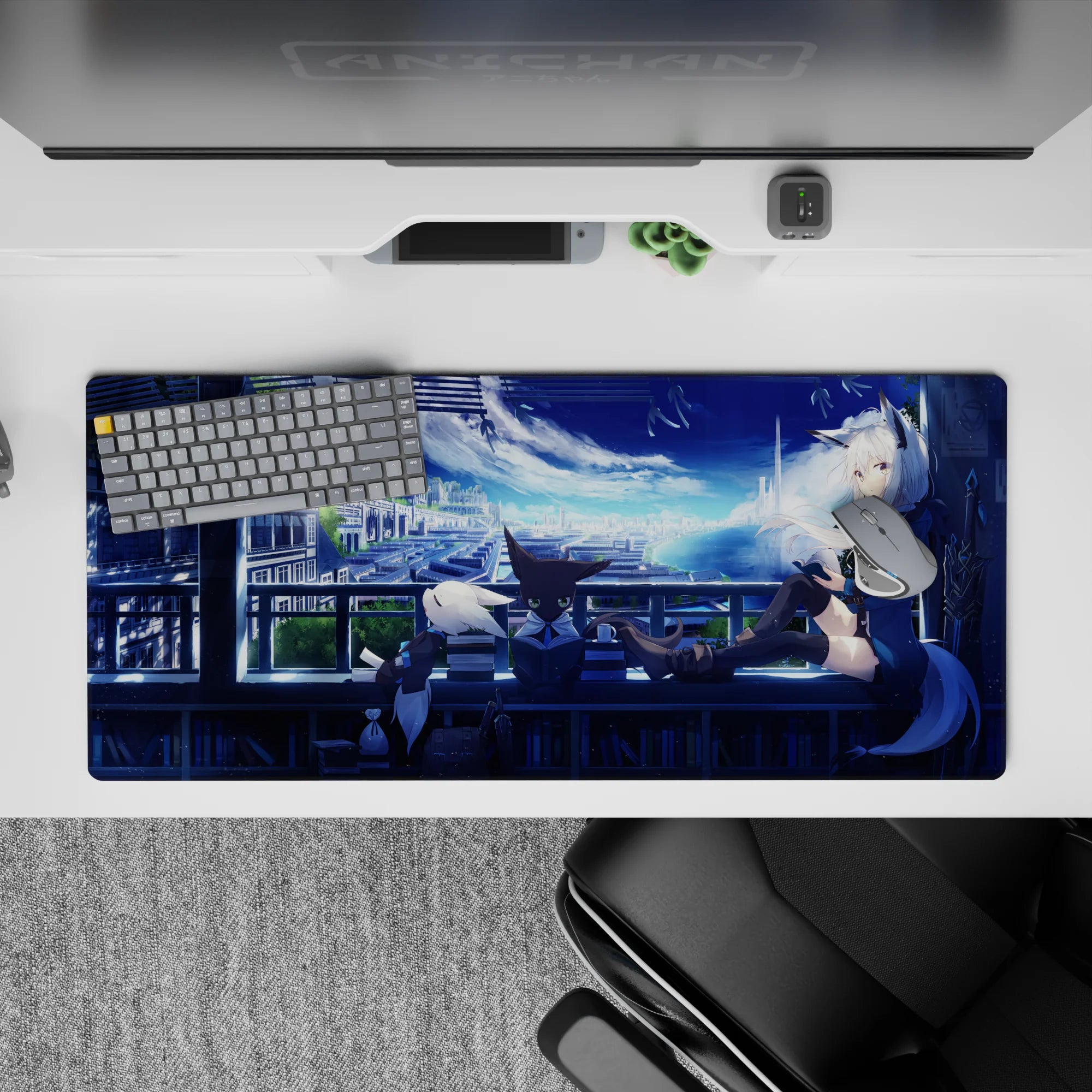Night-blue 36x16 inches anime desk pad with dreamy neon sky, soft city lights, and cozy late-night vibe.