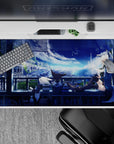 Cozy night-blue anime desk pad 40x20 inches with dreamy neon skyline glow and soft futuristic balcony mood.