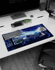 Anime girl mouse pad 32x16 inches showing a fox-eared girl lounging by a railing as two pals read.