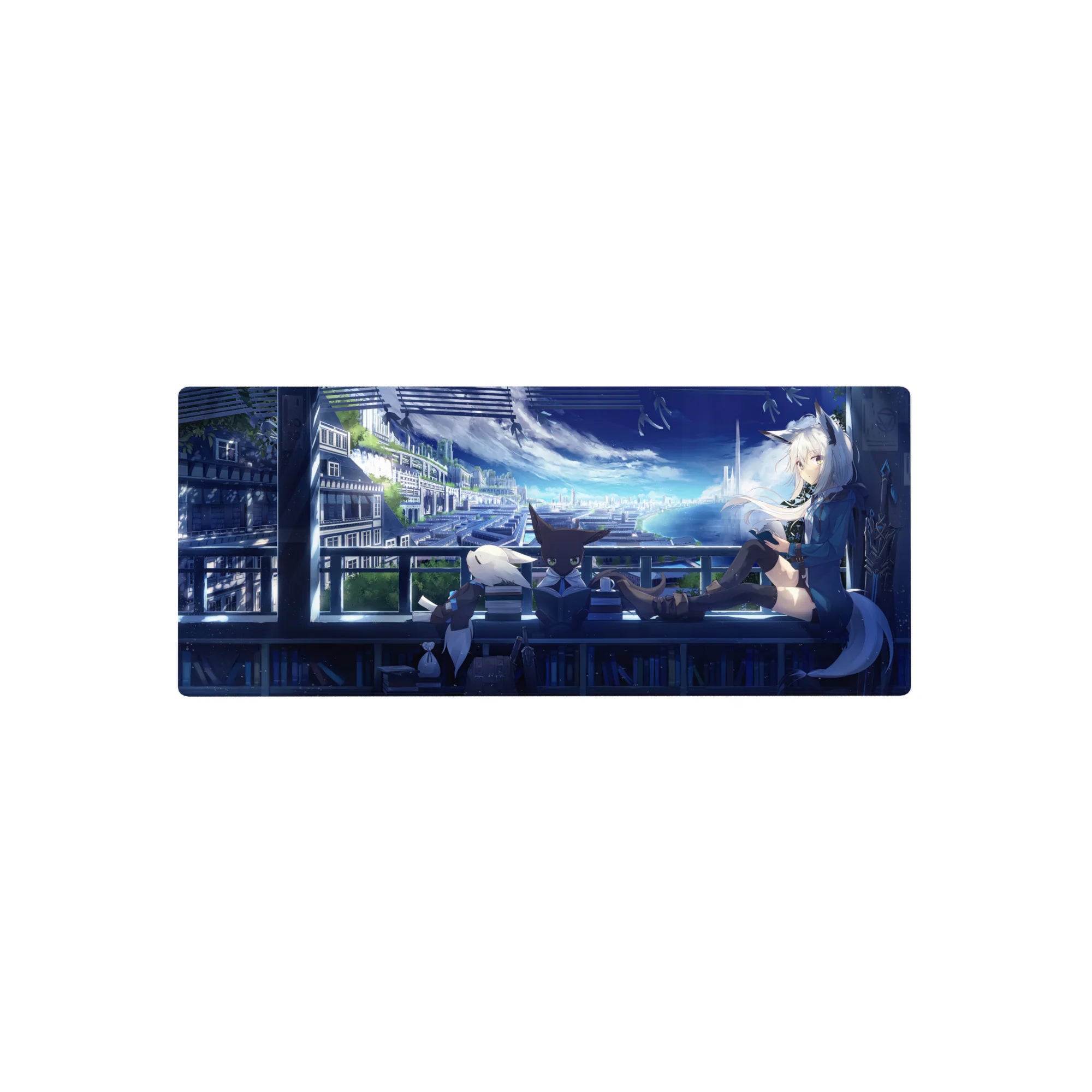 28x12 inches anime girl mouse pad with fox-eared girl on balcony, cute animal pals, neon city backdrop.