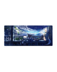 28x12 inches anime girl mouse pad with fox-eared girl on balcony, cute animal pals, neon city backdrop.