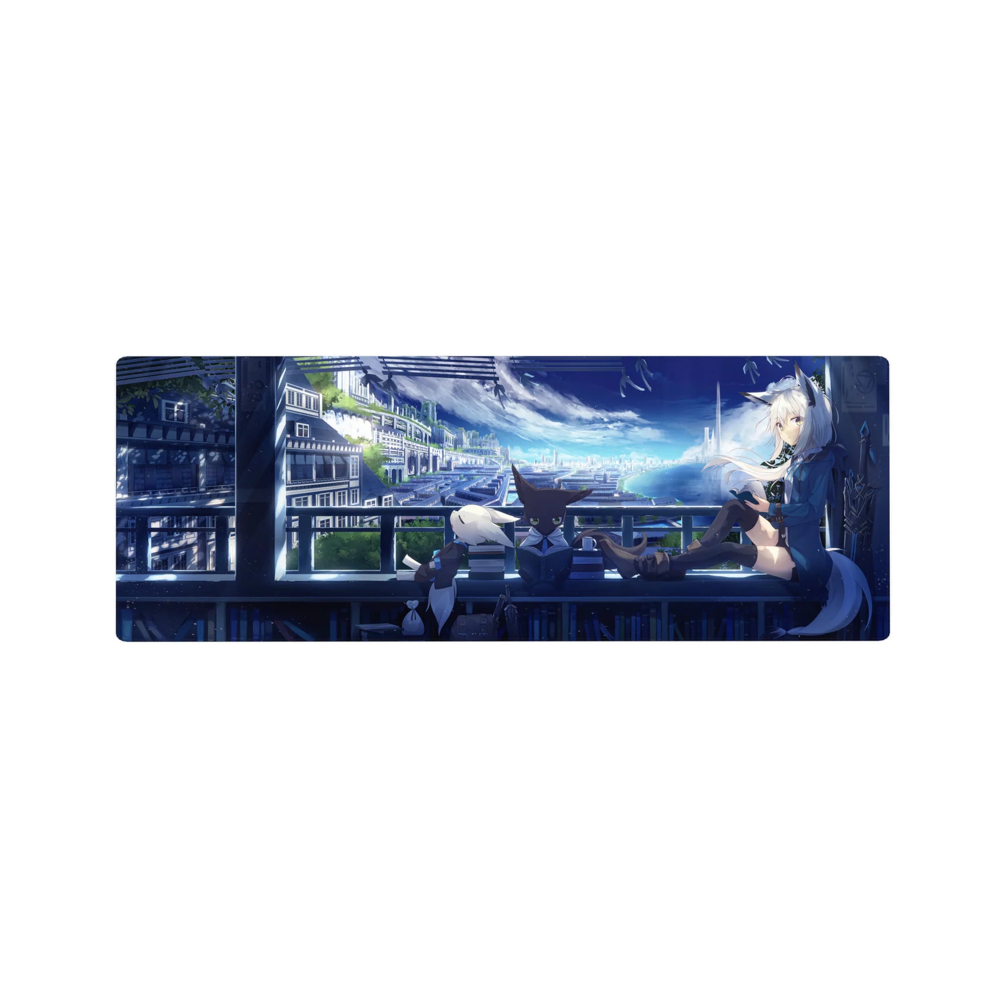32x12 inches anime girl mouse pad with fox-eared girl on balcony, neon city night, cute animal friends.