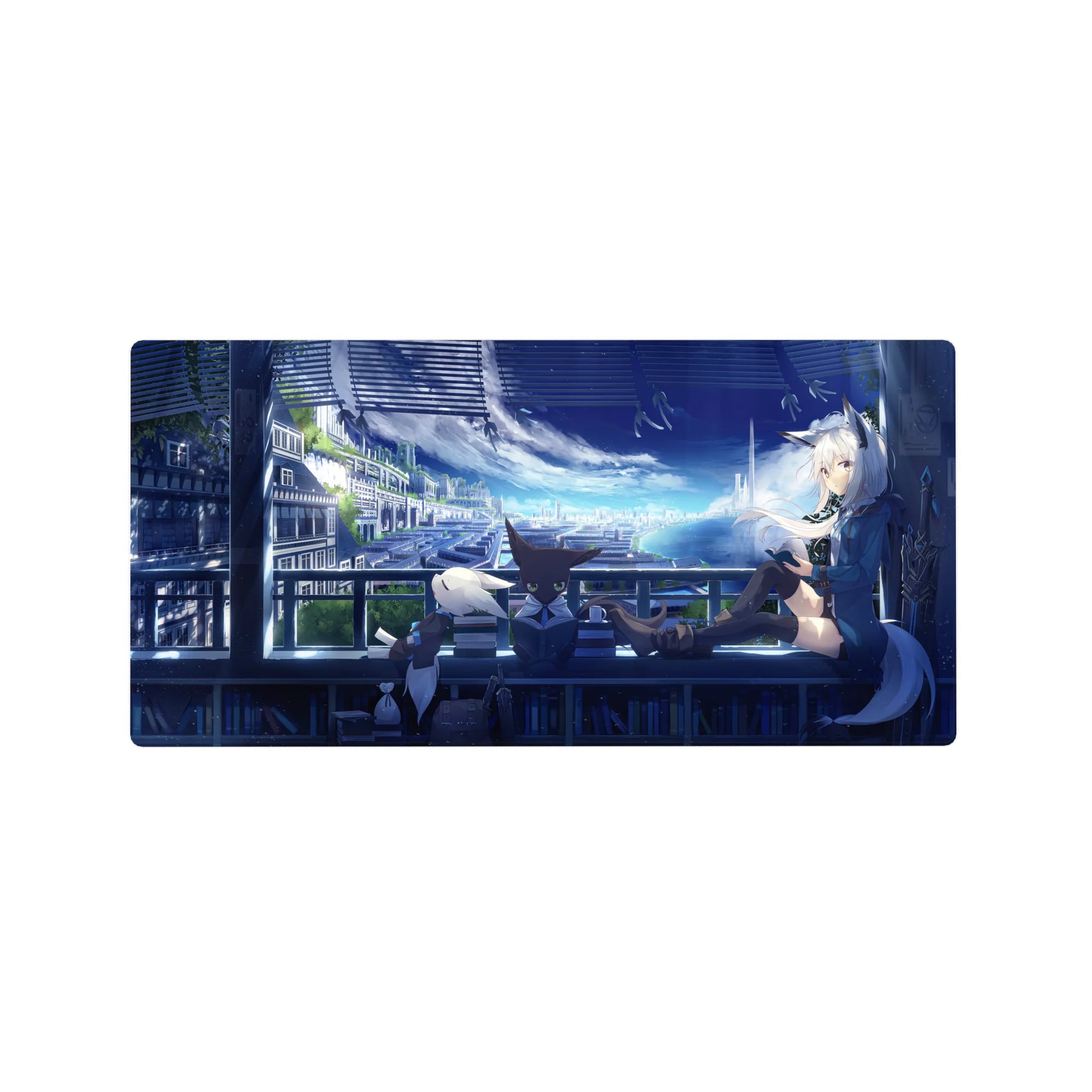 Anime girl mouse pad 32x16 inches with fox-eared girl, neon city balcony, and cute animal friends.