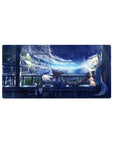 Anime girl mouse pad 32x16 inches with fox-eared girl, neon city balcony, and cute animal friends.