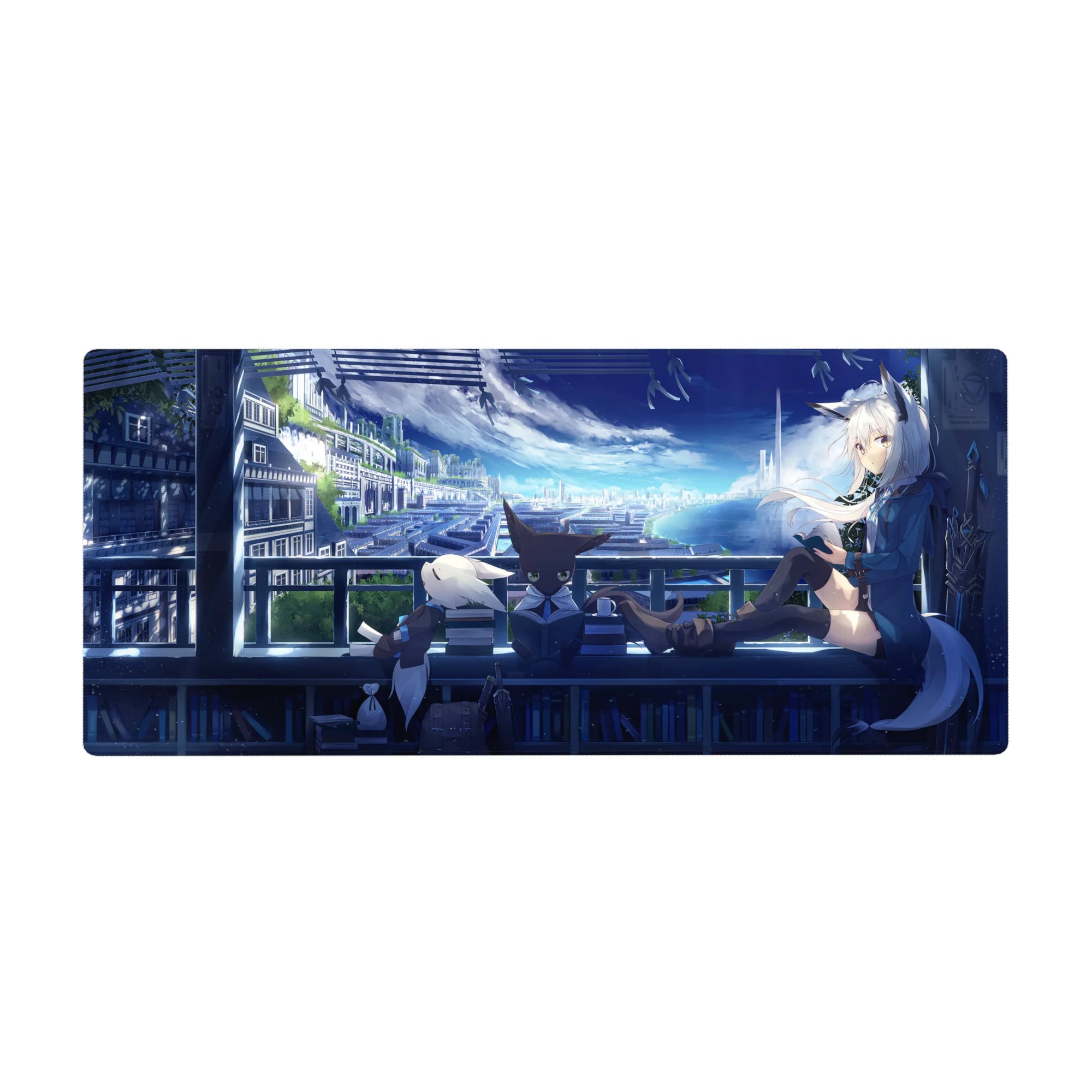Anime girl desk pad 36x16 inches with fox-eared balcony scene, neon skyline, and cute animal friends.