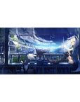 Anime girl desk pad 40x20 inches with fox-eared lounge scene, neon sky, city lights, crisp linework.