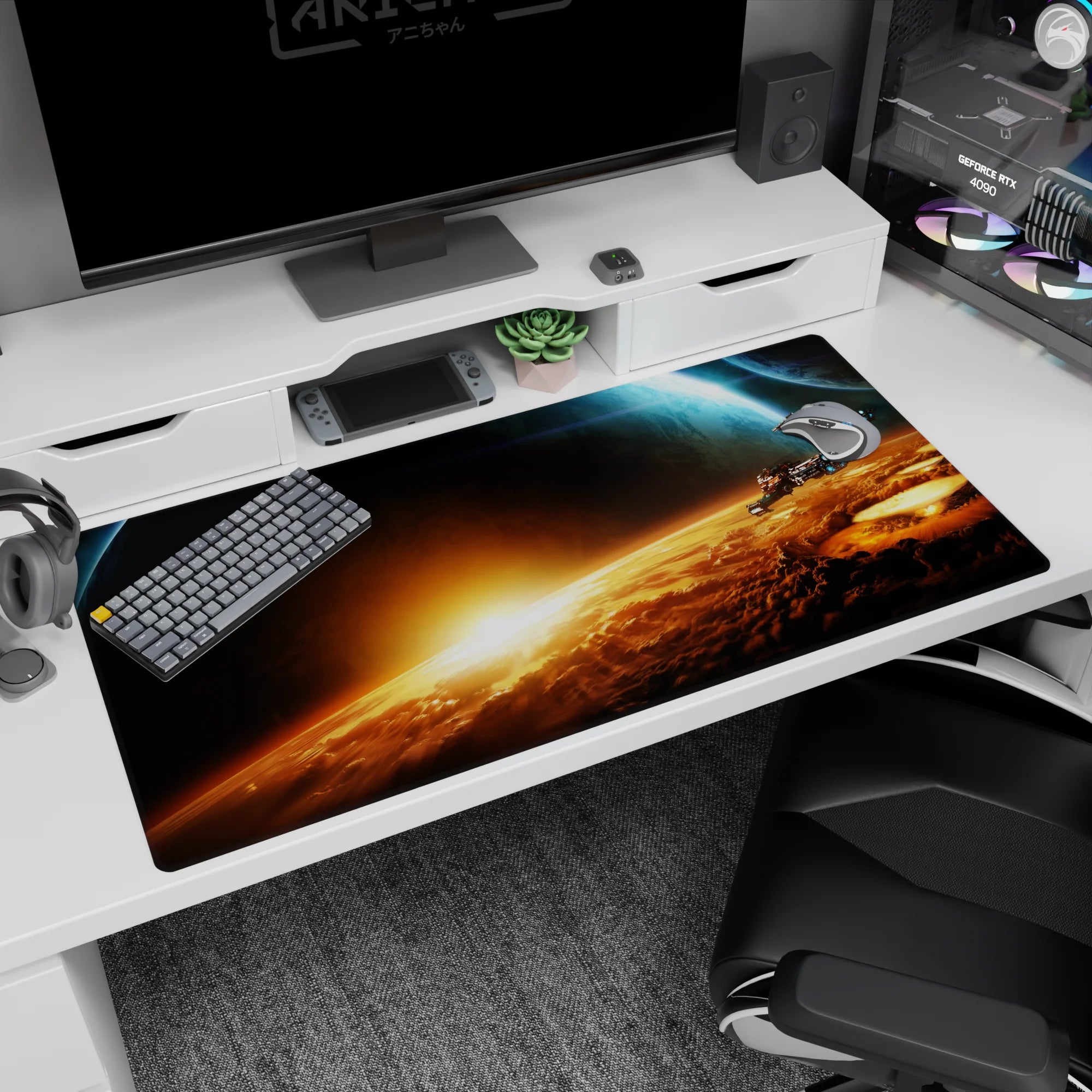 Giant blue planet at dawn desk pad 40x20 inches, golden sunrise over stormy clouds with tiny ships.