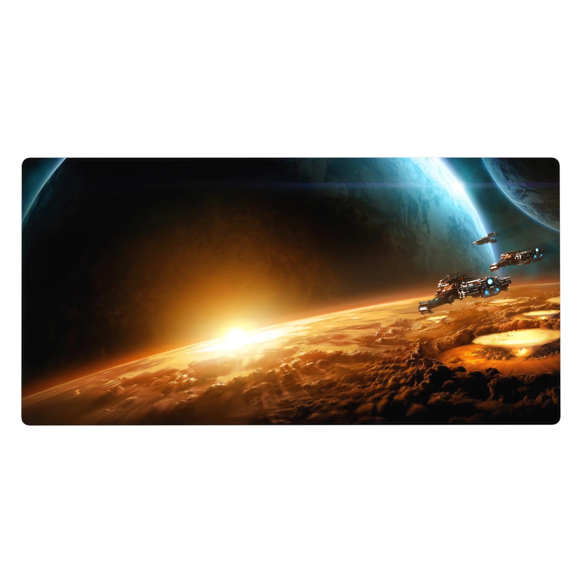 Space sunrise desk pad 40x20 inches with blue planet, shadowed horizon, storm clouds and sci-fi ships.