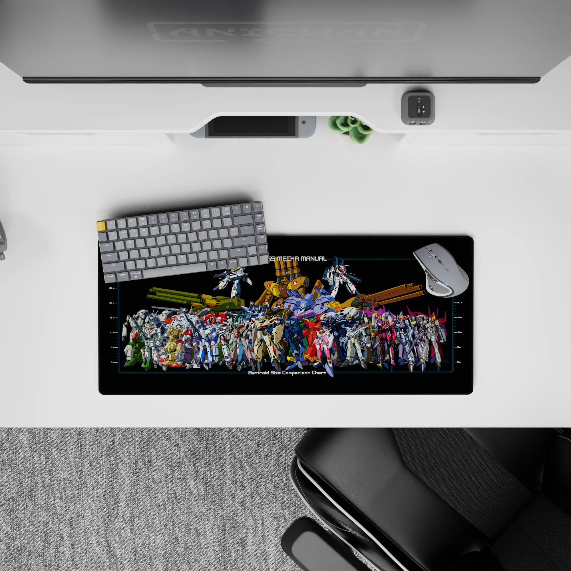 Bold red, icy blue, military green and neon magenta anime mouse pad with hangar poster vibe, 28x12 inches.