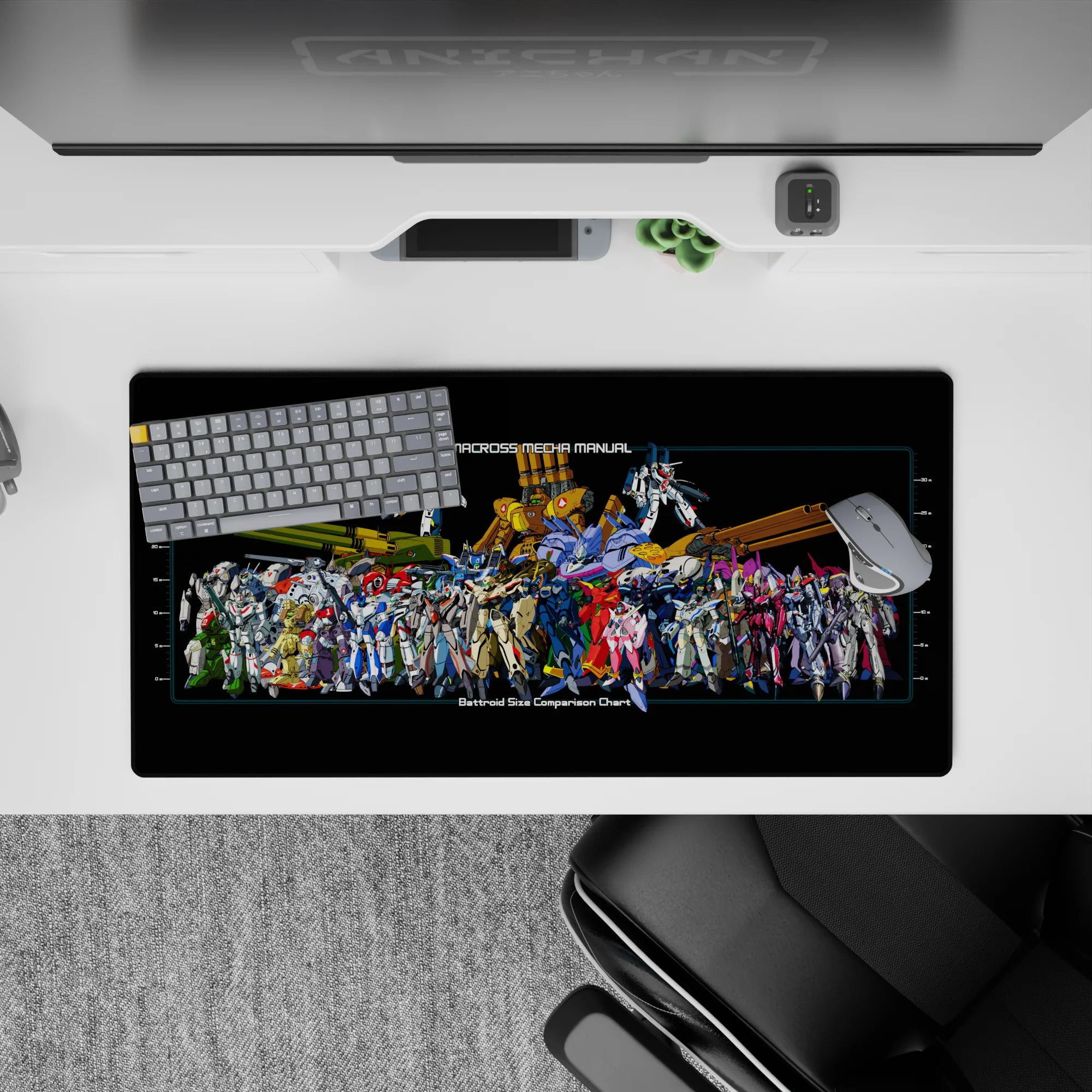 Bold red, icy blue, military green and neon magenta mecha blueprint desk mat, 32x16 inches.