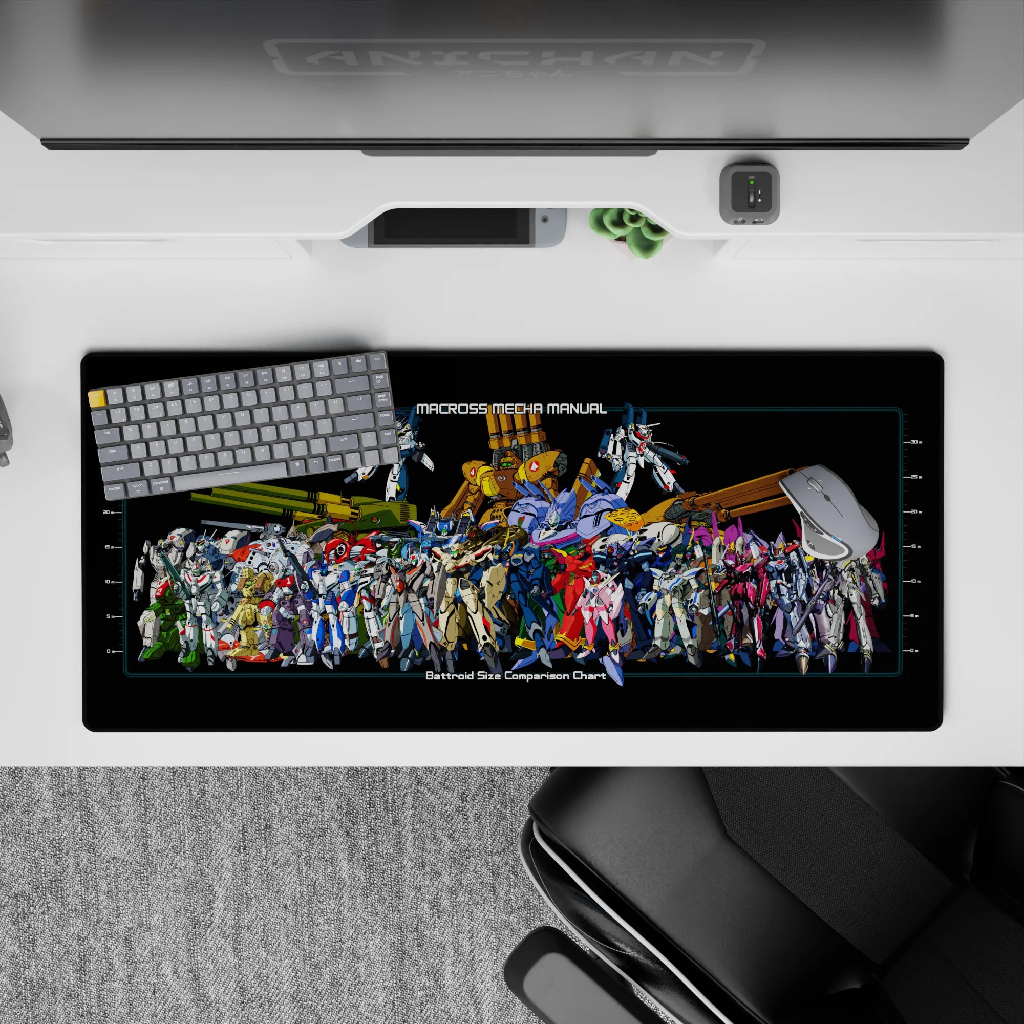 Bold reds, icy blues, military greens and neon magentas on anime desk pad 36x16 inches, hangar poster vibe.