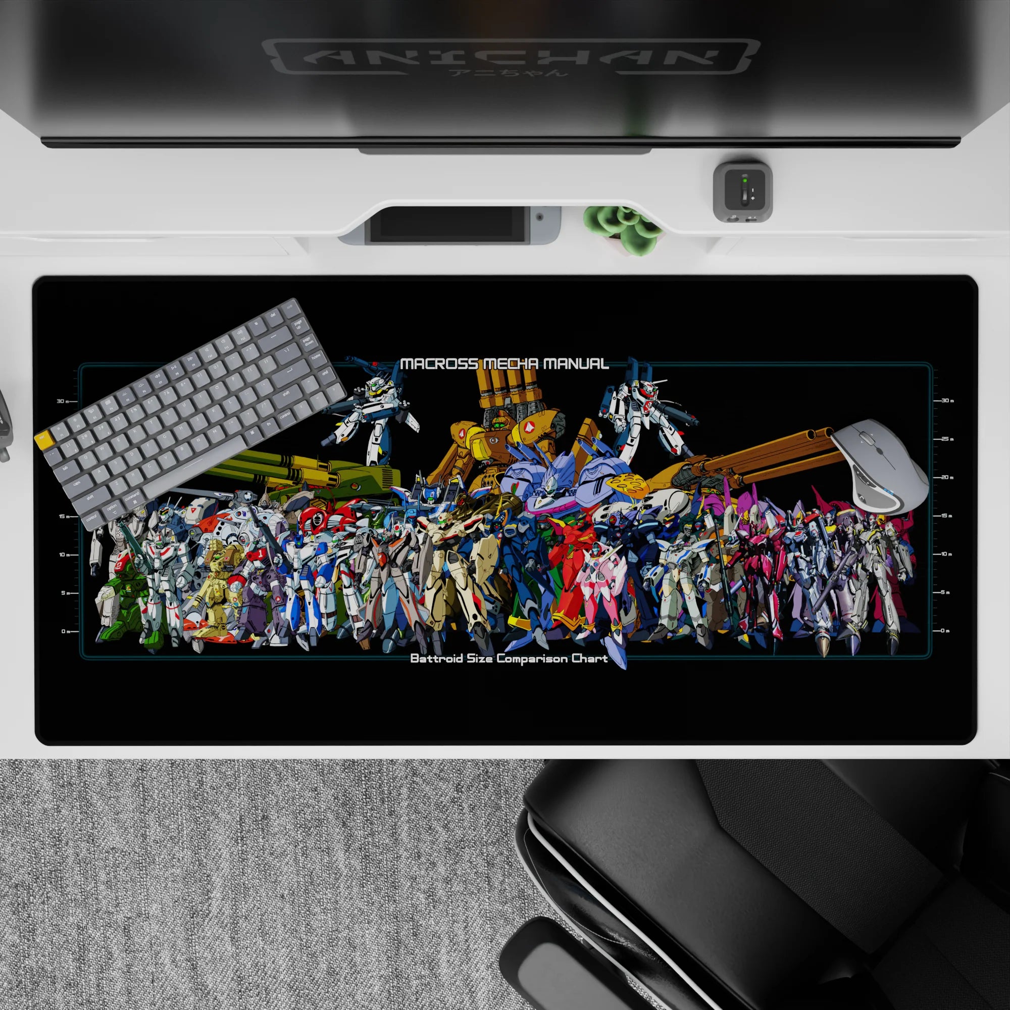Retro hangar poster vibe anime desk pad 40x20 inches in bold reds, icy blues, greens, and neon magenta.