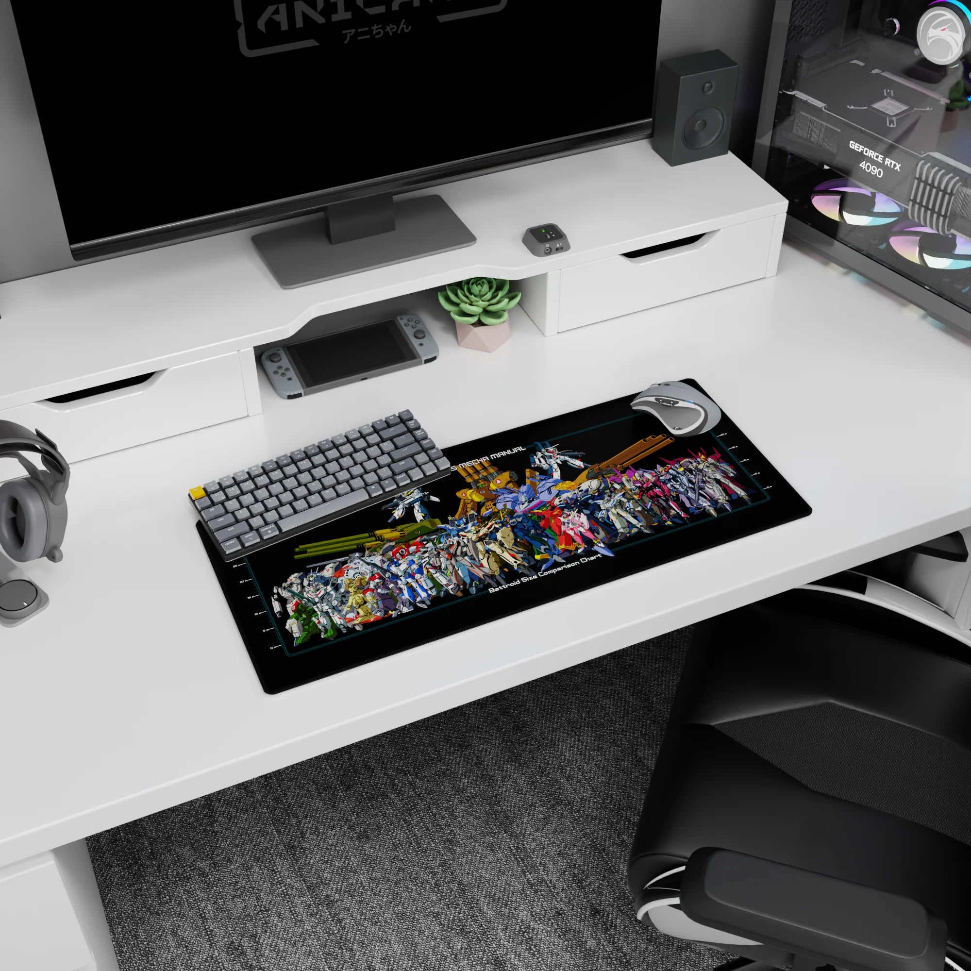 Valkyrie battroids and heavy artillery frames in a crowded lineup on a Macross desk mat, 28x12 inches.