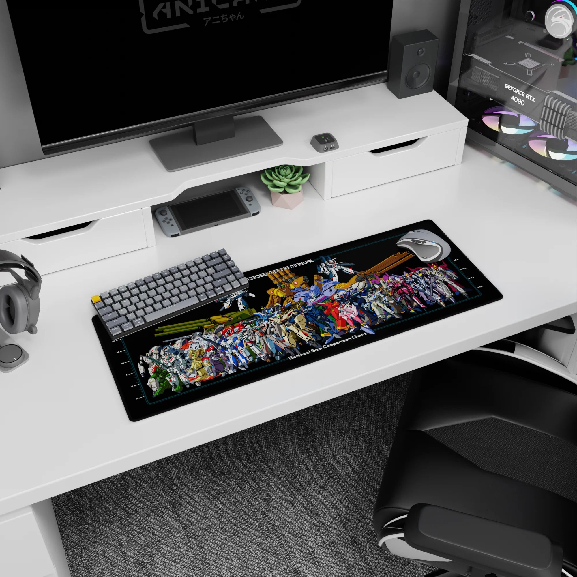 Crowded Macross hangar wall poster scene mouse pad 32x12 inches with Valkyries and artillery frames.